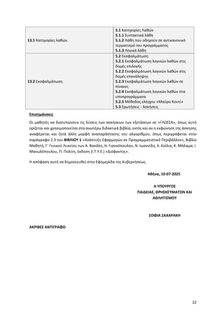 22
13.1 Κατηγορίες λαθών.
5.1 Κατηγορίες Λαθών
5.1.1 Συντακτικά λάθη
5.1.2 Λάθη που οδηγούν σε αντικανονικό
τερματισμό του προγράμματος
5.1.3 Λογικά λάθη
13.2 Εκσφαλμάτωση.
5.2 Εκσφαλμάτωση
5.2.1 Εκσφαλμάτωση λογικών λαθών στις
δομές επιλογής
5.2.2 Εκσφαλμάτωση λογικών λαθών στις
δομές επανάληψης
5.2.3 Εκσφαλμάτωση λογικών λαθών σε
πίνακες
5.2.4 Εκσφαλμάτωση λογικών λαθών στα
υποπρογράμματα
5.2.5 Μέθοδος ελέγχου «Μαύρο Κουτί»
5.3 Ερωτήσεις - Ασκήσεις
Επισημάνσεις
Οι μαθητές να διατυπώνουν τις λύσεις των ασκήσεων των εξετάσεων σε «ΓΛΩΣΣΑ», όπως αυτή
ορίζεται και χρησιμοποιείται στα ανωτέρω διδακτικά βιβλία, εκτός και αν η εκφώνηση της άσκησης
αναφέρεται και ζητά άλλη μορφή αναπαράστασης του αλγορίθμου, όπως περιγράφεται στην
παράγραφο 2.3 του ΒΙΒΛΙΟΥ 1 «Ανάπτυξη Εφαρμογών σε Προγραμματιστικό Περιβάλλον», Βιβλίο
Μαθητή, Γ΄ Γενικού Λυκείου των Α. Βακάλη, Η. Γιαννόπουλου, Ν. Ιωαννίδη, Χ. Κοίλια, Κ. Μάλαμα, Ι.
Μανωλόπουλου, Π. Πολίτη, έκδοση (Ι.Τ.Υ.Ε.) «Διόφαντος».
Η απόφαση αυτή να δημοσιευθεί στην Εφημερίδα της Κυβερνήσεως.
Αθήνα, 10-07-2025
ΑΚΡΙΒΕΣ ΑΝΤΙΓΡΑΦΟ
Η ΥΠΟΥΡΓΟΣ
ΠΑΙΔΕΙΑΣ, ΘΡΗΣΚΕΥΜΑΤΩΝ ΚΑΙ
ΑΘΛΗΤΙΣΜΟΥ
ΣΟΦΙΑ ΖΑΧΑΡΑΚΗ
 