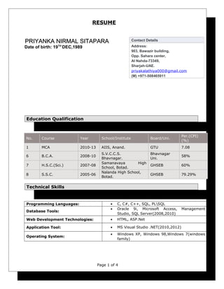 RESUME
Education Qualification
Technical Skills
Page 1 of 4
PRIYANKA NIRMAL SITAPARAPRIYANKA NIRMAL SITAPARA
Date of birth: 19TH
DEC,1989
Contact Details
Address:
903, Bawazir building,
Opp. Sahara center,
Al Nahda-73349,
Sharjah-UAE.
priyakalathiya000@gmail.com
(M) +971-508465911
No. Course Year School/Institute Board/Uni.
Per.(CPI)
(%)
1 MCA 2010-13 AIIS, Anand. GTU 7.08
6 B.C.A. 2008-10
S.V.C.C.S.
Bhavnagar.
Bhavnagar
Uni.
58%
7 H.S.C.(Sci.) 2007-08
Samanavaya High
School, Botad.
GHSEB 60%
8 S.S.C. 2005-06
Nalanda High School,
Botad.
GHSEB 79.29%
Programming Languages: • C, C#, C++, SQL, PLSQL
Database Tools:
• Oracle 9i, Microsoft Access, Management
Studio, SQL Server(2008,2010)
Web Development Technologies: • HTML, ASP.Net
Application Tool: • MS Visual Studio .NET(2010,2012)
Operating System:
• Windows XP, Windows 98,Windows 7(windows
family)
 