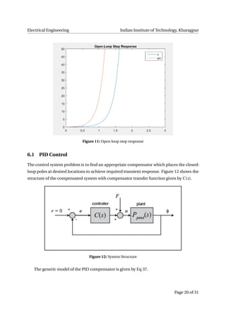 Electrical Engineering Indian Institute of Technology, Kharagpur
Figure 11: Open loop step response
6.1 PID Control
The control system problem is to ﬁnd an appropriate compensator which places the closed-
loop poles at desired locations to achieve required transient response. Figure 12 shows the
structure of the compensated system with compensator transfer function given by C(s).
Figure 12: System Structure
The generic model of the PID compensator is given by Eq 37.
Page 20 of 31
 