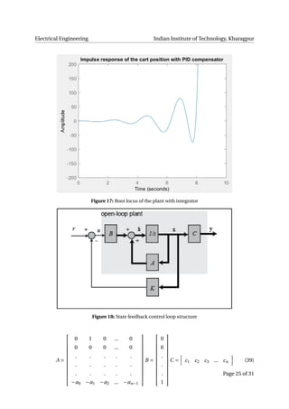 Electrical Engineering Indian Institute of Technology, Kharagpur
Figure 17: Root locus of the plant with integrator
Figure 18: State feedback control loop structure
A =












0 1 0 ... 0
0 0 0 ... 0
. . . . .
. . . . .
. . . . .
−a0 −a1 −a2 ... −an−1












B =












0
0
.
.
.
1












C = c1 c2 c3 ... cn (39)
Page 25 of 31
 