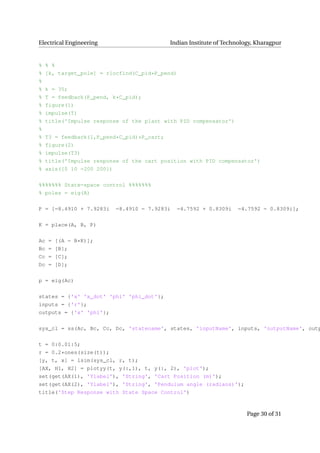 Electrical Engineering Indian Institute of Technology, Kharagpur
% % %
% [k, target_pole] = rlocfind(C_pid*P_pend)
%
% k = 35;
% T = feedback(P_pend, k*C_pid);
% figure(1)
% impulse(T)
% title('Impulse response of the plant with PID compensator')
%
% T3 = feedback(1,P_pend*C_pid)*P_cart;
% figure(2)
% impulse(T3)
% title('Impulse response of the cart position with PID compensator')
% axis([0 10 −200 200])
%%%%%%% State−space control %%%%%%%
% poles = eig(A)
P = [−8.4910 + 7.9283i −8.4910 − 7.9283i −4.7592 + 0.8309i −4.7592 − 0.8309i];
K = place(A, B, P)
Ac = [(A − B*K)];
Bc = [B];
Cc = [C];
Dc = [D];
p = eig(Ac)
states = {'x' 'x_dot' 'phi' 'phi_dot'};
inputs = {'r'};
outputs = {'x' 'phi'};
sys_cl = ss(Ac, Bc, Cc, Dc, 'statename', states, 'inputName', inputs, 'outputName', outp
t = 0:0.01:5;
r = 0.2*ones(size(t));
[y, t, x] = lsim(sys_cl, r, t);
[AX, H1, H2] = plotyy(t, y(:,1), t, y(:, 2), 'plot');
set(get(AX(1), 'Ylabel'), 'String', 'Cart Position (m)');
set(get(AX(2), 'Ylabel'), 'String', 'Pendulum angle (radians)');
title('Step Response with State Space Control')
Page 30 of 31
 