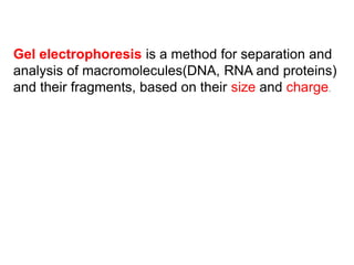 Gel electrophoresis is a method for separation and
analysis of macromolecules(DNA, RNA and proteins)
and their fragments, based on their size and charge.
 