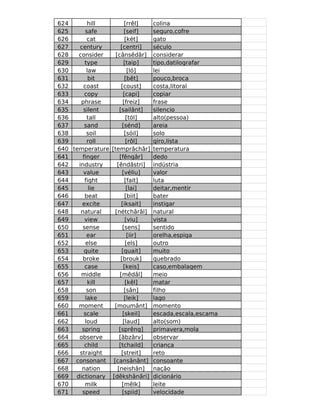 624       hill         [rrêl]    colina
625      safe          [seif]    seguro,cofre
626       cat           [két]    gato
627   century        [centri]    século
628   consider    [cânsêdâr]     considerar
629      type          [taip]    tipo,datilografar
630       law            [ló]    lei
631        bit         [bêt]     pouco,broca
632     coast        [coust]     costa,litoral
633      copy         [capi]     copiar
634    phrase         [freiz]    frase
635     silent      [sailânt]    silencio
636       tall          [tól]    alto(pessoa)
637      sand         [sénd]     areia
638       soil         [sóil]    solo
639       roll          [rôl]    giro,lista
640 temperature [temprâchâr]     temperatura
641     finger      [fêngâr]     dedo
642   industry     [êndâstri]    indústria
643     value         [véliu]    valor
644      fight         [fait]    luta
645        lie           [lai]   deitar,mentir
646      beat           [biit]   bater
647    excite        [iksait]    instigar
648    natural   [nétchârâl]     natural
649      view           [viu]    vista
650     sense         [sens]     sentido
651       ear            [iir]   orelha,espiga
652      else           [els]    outro
653      quite       [quait]     muito
654     broke        [brouk]     quebrado
655      case          [keis]    caso,embalagem
656    middle       [mêdâl]      meio
657        kill         [kêl]    matar
658       son          [sân]     filho
659      lake          [leik]    lago
660   moment     [moumânt]       momento
661     scale         [skeil]    escada,escala,escama
662      loud         [laud]     alto(som)
663    spring       [sprêng]     primavera,mola
664   observe       [âbzârv]     observar
665      child      [tchaild]    criança
666   straight       [streit]    reto
667 consonant [cansânânt]        consoante
668    nation      [neishân]     nação
669 dictionary [dêkshânâri]      dicionário
670      milk         [mêlk]     leite
671    speed          [spiid]    velocidade
 