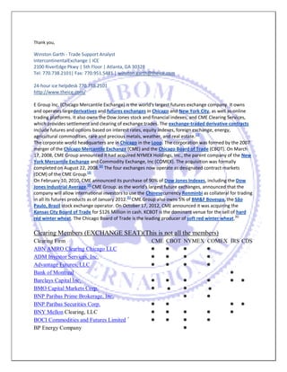 Thank you, 
Winston Garth - Trade Support Analyst 
IntercontinentalExchange | ICE 
2100 RiverEdge Pkwy | 5th Floor | Atlanta, GA 30328 
Tel: 770.738.2101| Fax: 770.951.5481 | winston.garth@theice.com 
24-hour ice helpdesk 770.738.2101 
http://www.theice.com/ 
E Group Inc. (Chicago Mercantile Exchange) is the world's largest futures exchange company. It owns and operates largederivatives and futures exchanges in Chicago and New York City, as well as online trading platforms. It also owns the Dow Jones stock and financial indexes, and CME Clearing Services, which provides settlement and clearing of exchange trades. The exchange-traded derivative contracts include futures and options based on interest rates, equity indexes, foreign exchange, energy, agricultural commodities, rare and precious metals, weather, and real estate.[1] 
The corporate world headquarters are in Chicago in the Loop. The corporation was formed by the 2007 merger of the Chicago Mercantile Exchange (CME) and the Chicago Board of Trade (CBOT). On March 17, 2008, CME Group announced it had acquired NYMEX Holdings, Inc., the parent company of the New York Mercantile Exchange and Commodity Exchange, Inc (COMEX). The acquisition was formally completed on August 22, 2008.[2] The four exchanges now operate as designated contract markets (DCM) of the CME Group.[3] 
On February 10, 2010, CME announced its purchase of 90% of Dow Jones Indexes, including the Dow Jones Industrial Average.[4] CME Group, as the world's largest future exchanges, announced that the company will allow international investors to use the Chinesecurrency Renminbi as collateral for trading in all its futures products as of January 2012.[5] CME Group also owns 5% of BM&F Bovespa, the São Paulo, Brazil stock exchange operator. On October 17, 2012, CME announced it was acquiring the Kansas City Board of Trade for $126 Million in cash. KCBOT is the dominant venue for the sell of hard red winter wheat. The Chicago Board of Trade is the leading producer of soft red winter wheat.[6] 
Clearing Members (EXCHANGE SEAT)(This is not all the members) 
Clearing Firm 
CME 
CBOT 
NYMEX 
COMEX 
IRS 
CDS 
ABN AMRO Clearing Chicago LLC 
ADM Investor Services, Inc. 
Advantage Futures, LLC 
Bank of Montreal 
Barclays Capital Inc. 
BMO Capital Markets Corp. 
BNP Paribas Prime Brokerage, Inc. 
BNP Paribas Securities Corp. 
BNY Mellon Clearing, LLC 
BOCI Commodities and Futures Limited + 
BP Energy Company 
 