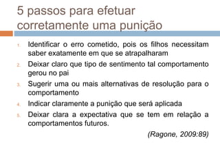5 passos para efetuar
corretamente uma punição
1. Identificar o erro cometido, pois os filhos necessitam
saber exatamente em que se atrapalharam
2. Deixar claro que tipo de sentimento tal comportamento
gerou no pai
3. Sugerir uma ou mais alternativas de resolução para o
comportamento
4. Indicar claramente a punição que será aplicada
5. Deixar clara a expectativa que se tem em relação a
comportamentos futuros.
(Ragone, 2009:89)
 