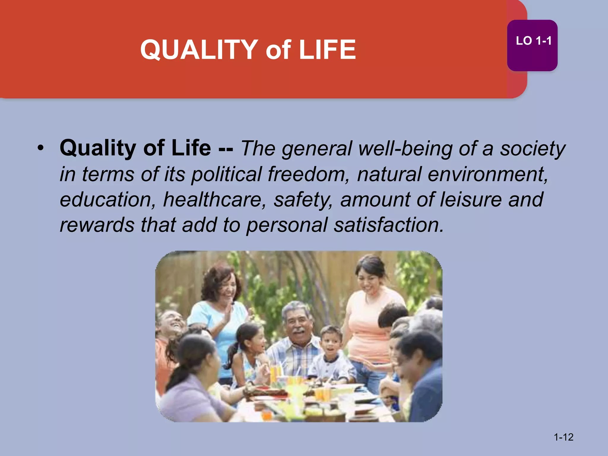 QUALITY of LIFE
1-12
LO 1-1
• Quality of Life -- The general well-being of a society
in terms of its political freedom, natural environment,
education, healthcare, safety, amount of leisure and
rewards that add to personal satisfaction.
 