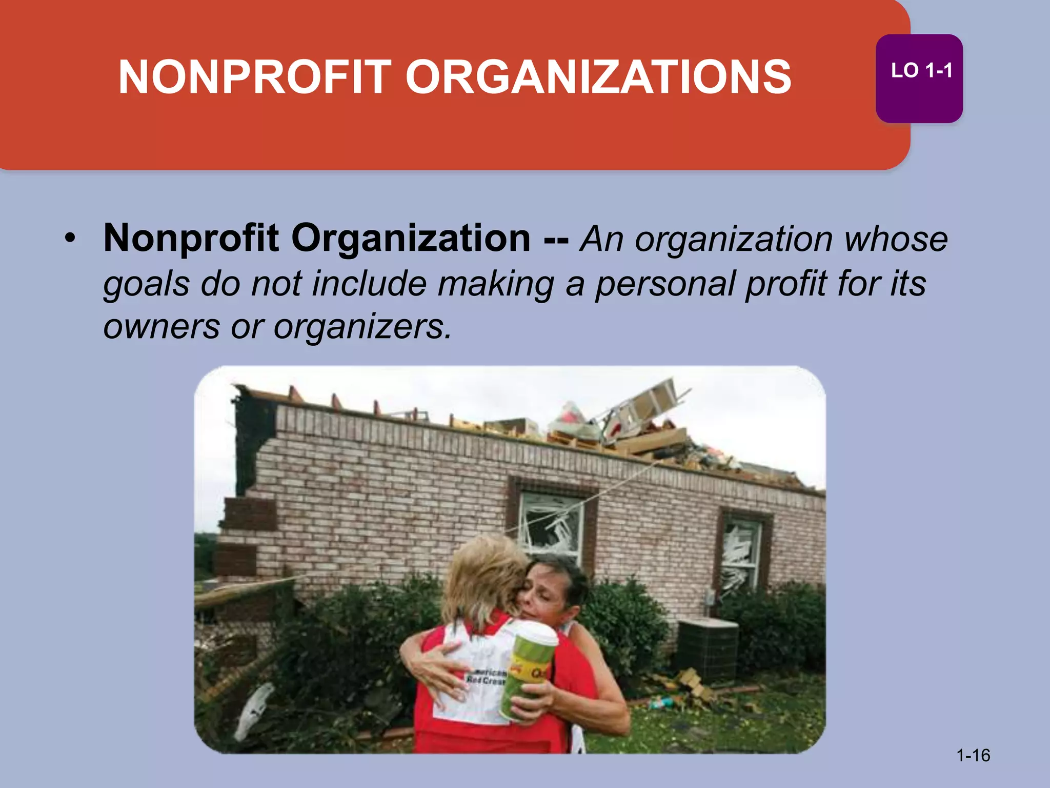 NONPROFIT ORGANIZATIONS
1-16
LO 1-1
• Nonprofit Organization -- An organization whose
goals do not include making a personal profit for its
owners or organizers.
 