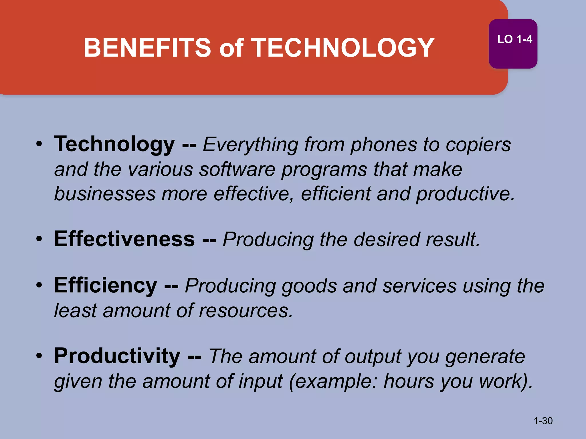 BENEFITS of TECHNOLOGY
1-30
LO 1-4
• Technology -- Everything from phones to copiers
and the various software programs that make
businesses more effective, efficient and productive.
• Effectiveness -- Producing the desired result.
• Efficiency -- Producing goods and services using the
least amount of resources.
• Productivity -- The amount of output you generate
given the amount of input (example: hours you work).
 