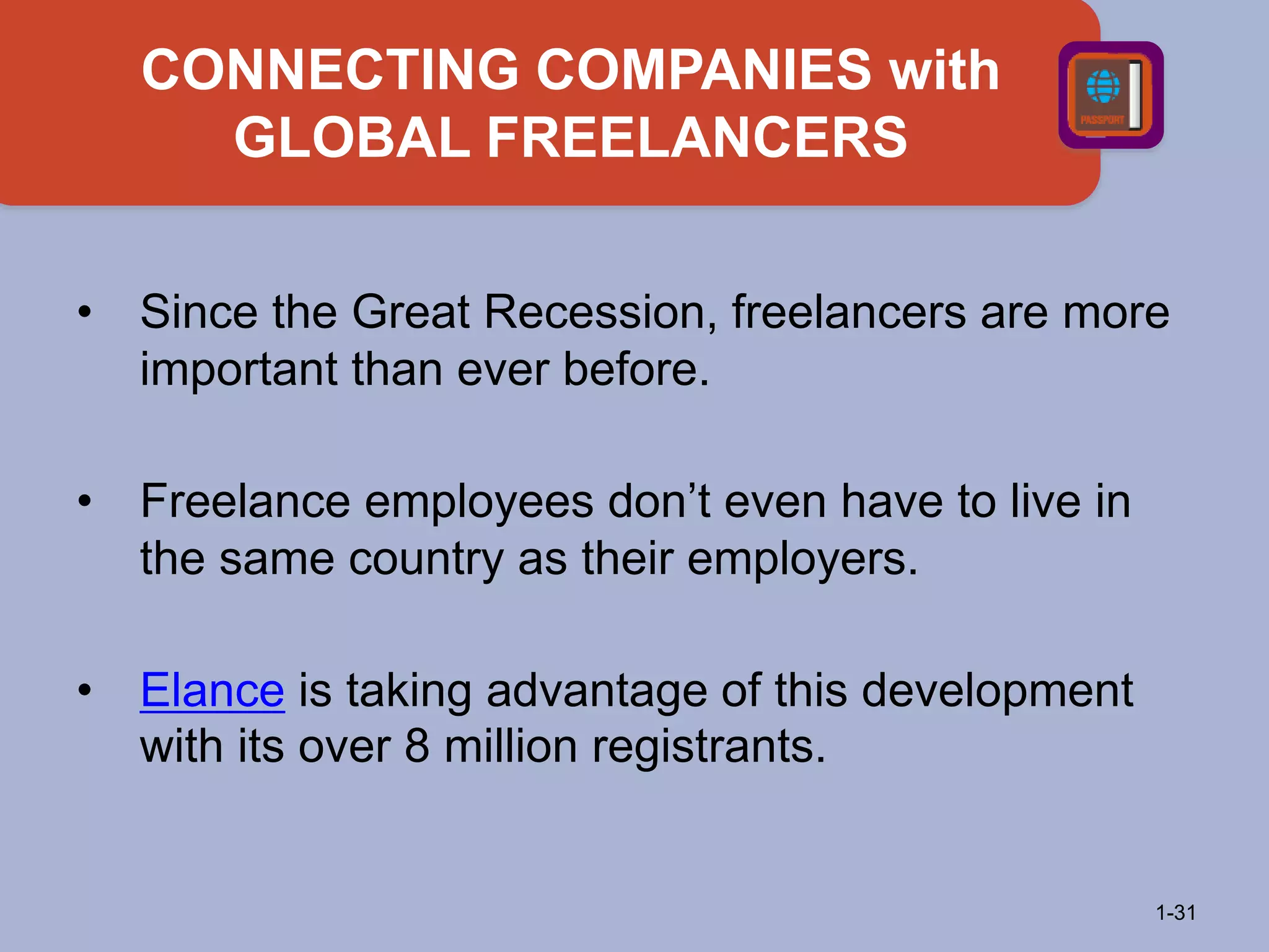 1-31
CONNECTING COMPANIES with
GLOBAL FREELANCERS
• Since the Great Recession, freelancers are more
important than ever before.
• Freelance employees don’t even have to live in
the same country as their employers.
• Elance is taking advantage of this development
with its over 8 million registrants.
 