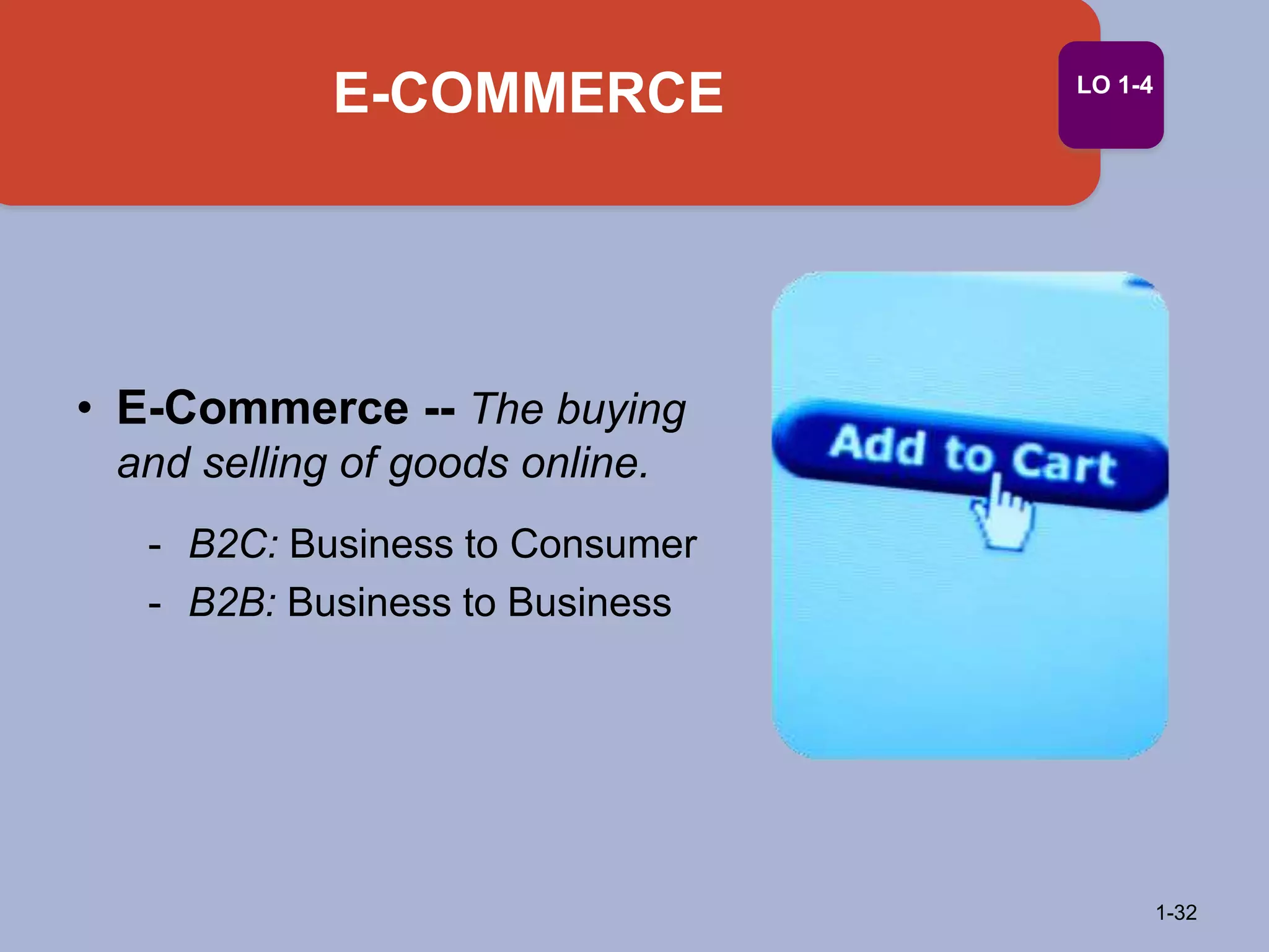 E-COMMERCE
1-32
LO 1-4
• E-Commerce -- The buying
and selling of goods online.
- B2C: Business to Consumer
- B2B: Business to Business
 