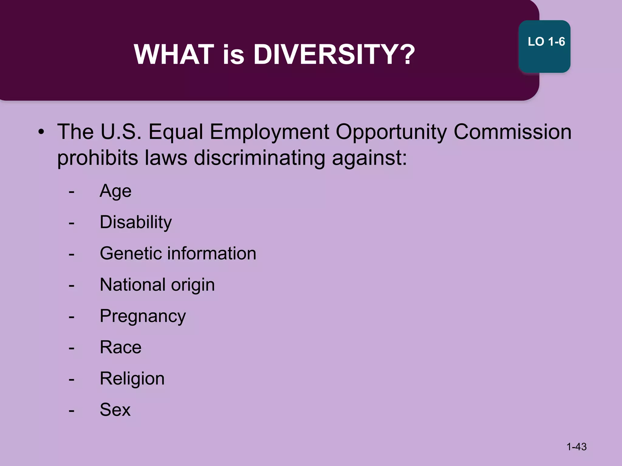 WHAT is DIVERSITY?
1-43
LO 1-6
• The U.S. Equal Employment Opportunity Commission
prohibits laws discriminating against:
- Age
- Disability
- Genetic information
- National origin
- Pregnancy
- Race
- Religion
- Sex
 