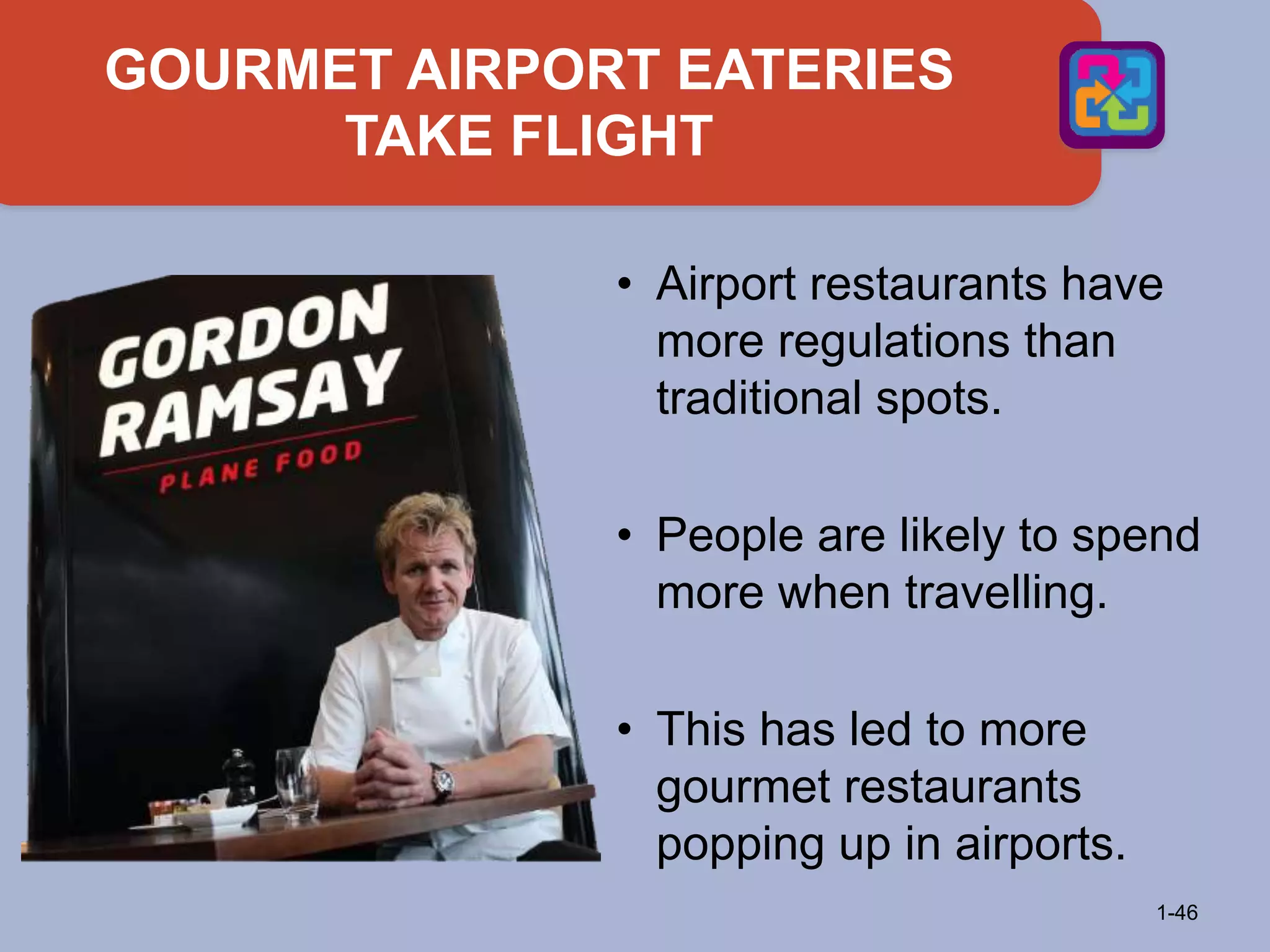 GOURMET AIRPORT EATERIES
TAKE FLIGHT
1-46
• Airport restaurants have
more regulations than
traditional spots.
• People are likely to spend
more when travelling.
• This has led to more
gourmet restaurants
popping up in airports.
 