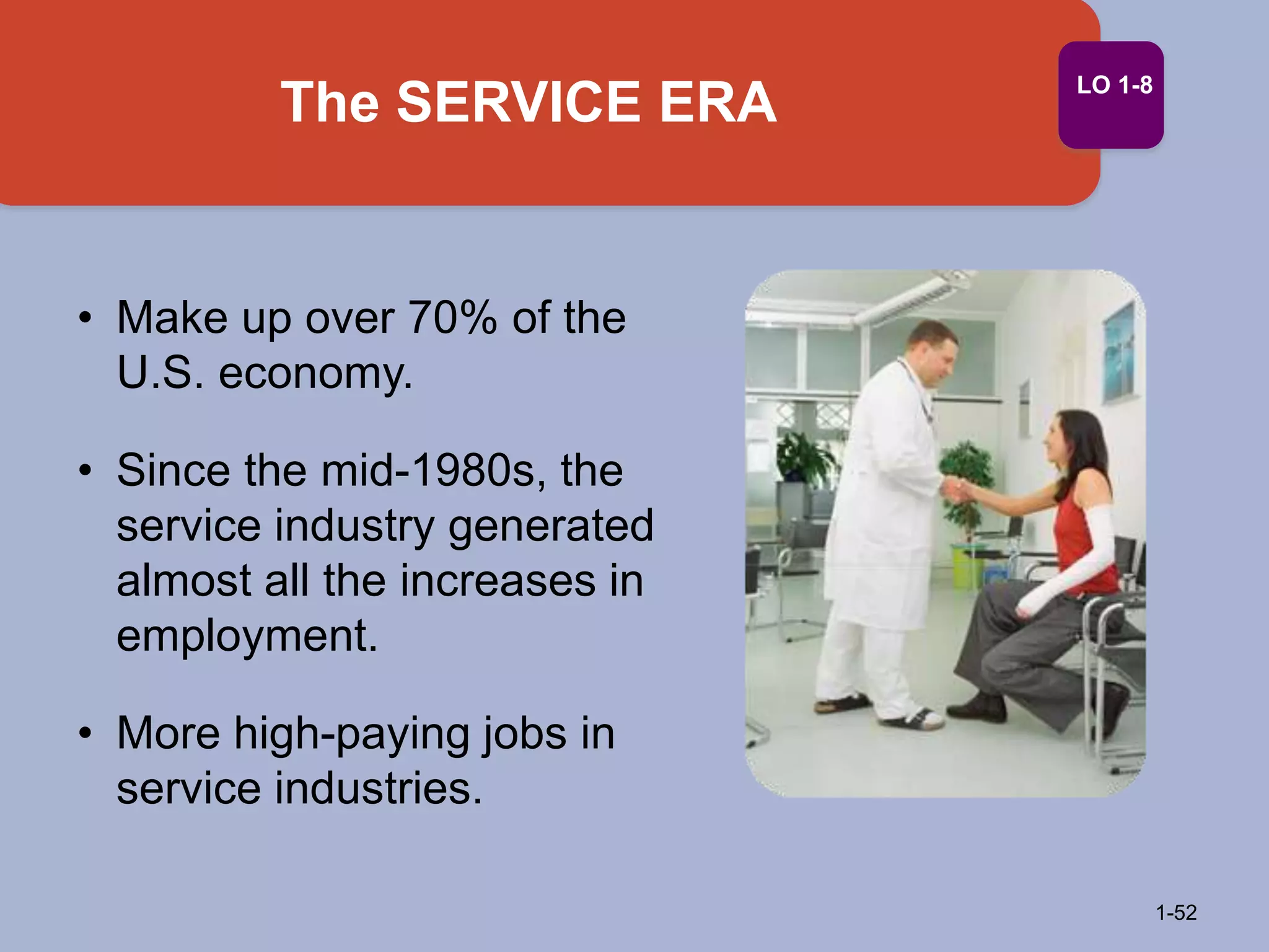 The SERVICE ERA
1-52
LO 1-8
• Make up over 70% of the
U.S. economy.
• Since the mid-1980s, the
service industry generated
almost all the increases in
employment.
• More high-paying jobs in
service industries.
 