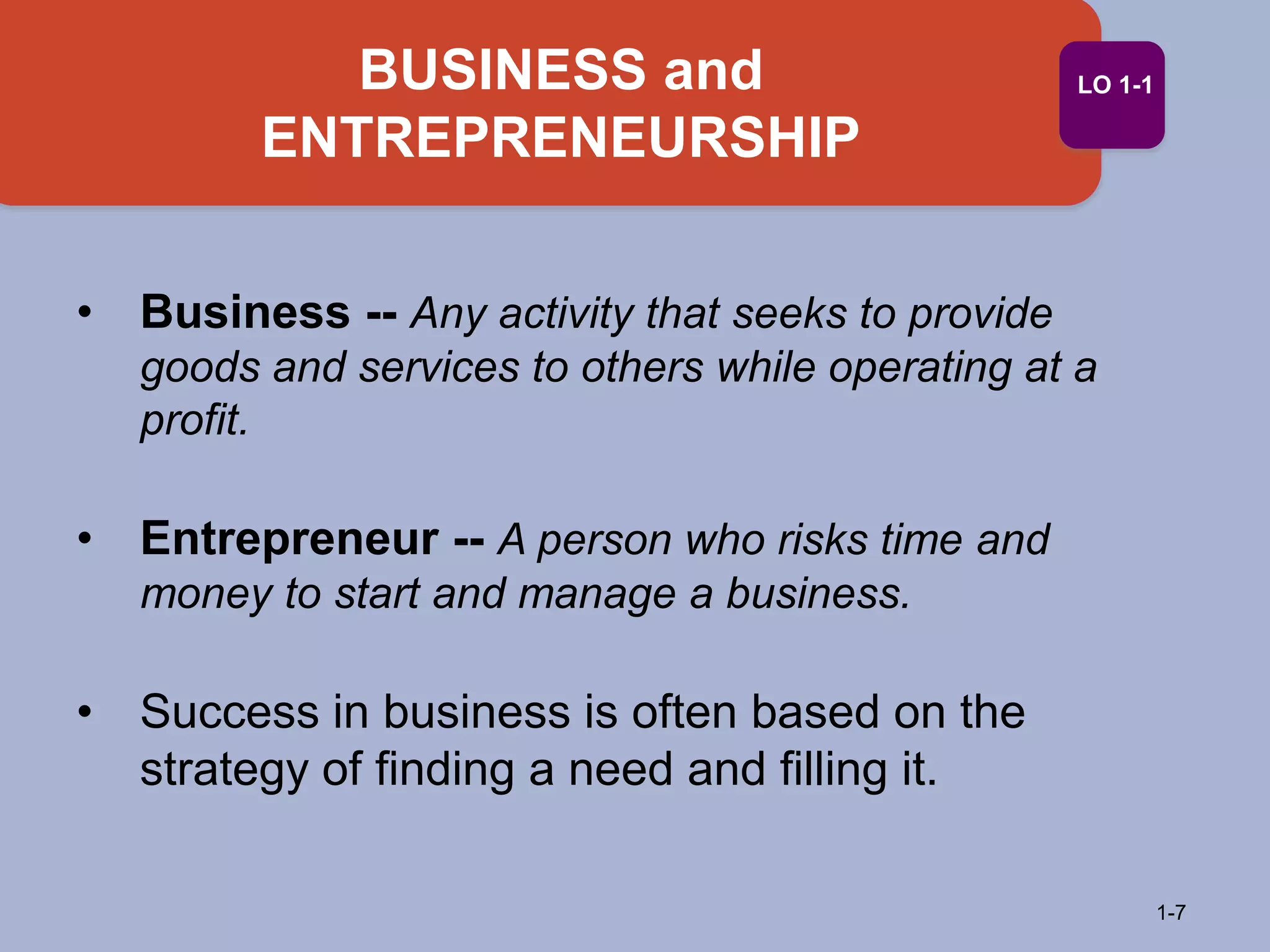 • Business -- Any activity that seeks to provide
goods and services to others while operating at a
profit.
• Entrepreneur -- A person who risks time and
money to start and manage a business.
• Success in business is often based on the
strategy of finding a need and filling it.
BUSINESS and
ENTREPRENEURSHIP
1-7
LO 1-1
 