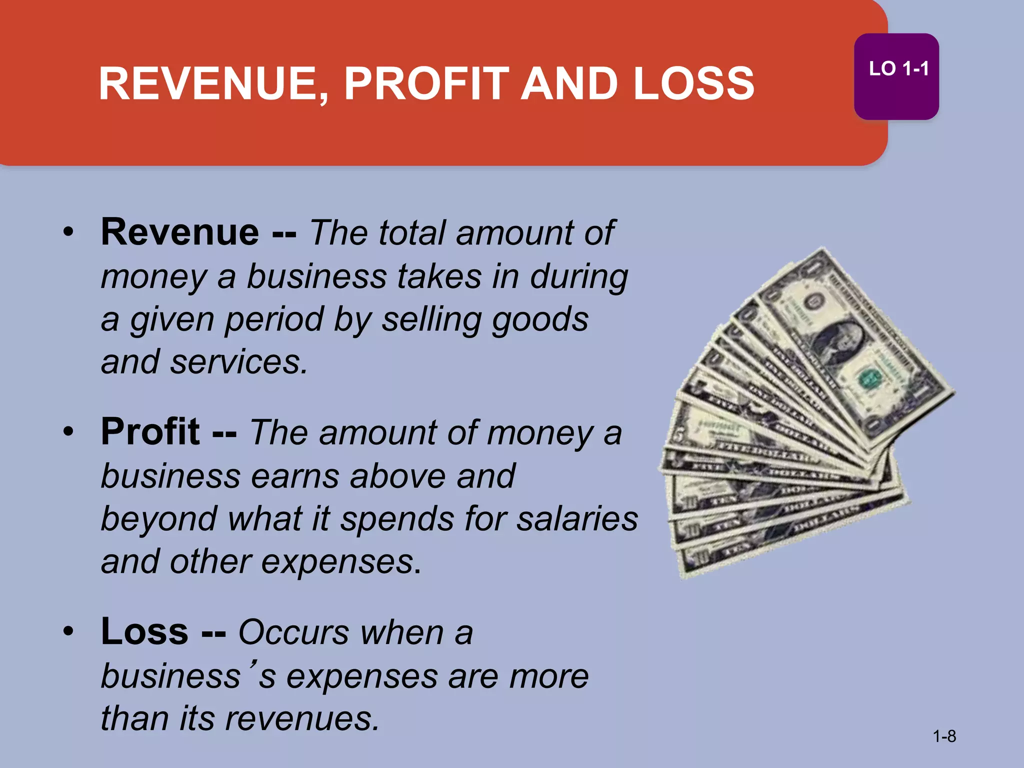 REVENUE, PROFIT AND LOSS
1-8
LO 1-1
• Revenue -- The total amount of
money a business takes in during
a given period by selling goods
and services.
• Profit -- The amount of money a
business earns above and
beyond what it spends for salaries
and other expenses.
• Loss -- Occurs when a
business’s expenses are more
than its revenues.
 