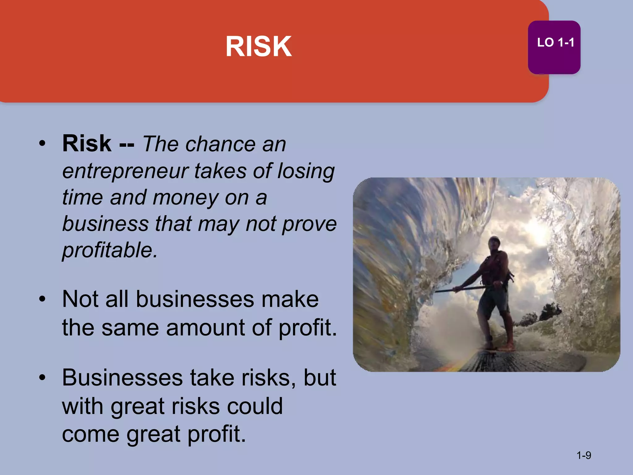 RISK
1-9
LO 1-1
• Risk -- The chance an
entrepreneur takes of losing
time and money on a
business that may not prove
profitable.
• Not all businesses make
the same amount of profit.
• Businesses take risks, but
with great risks could
come great profit.
 