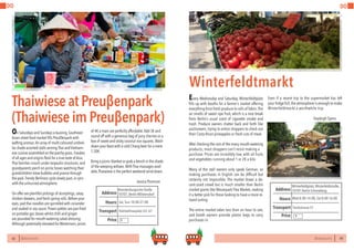 82 BERLINSIGHTS BERLINSIGHTS 83
DO DO
83
DO DO
82
Thaiwiese at Preuβenpark
(Thaiwiese im Preuβenpark)
On Saturdays and Sundays a buzzing,Southeast
Asian street food market fills Preuβenpark with
wafting aromas.An array of multi-coloured umbrel-
las shade assorted stalls servingThai andVietnam-
ese cuisine assembled on the patchy grass.Foodies
of all ages and origins flock for a true taste of Asia.
Thai families crouch under tarpaulin structures,and
grandparents perch on picnic boxes watching their
grandchildren blow bubbles and prance through
the park.Trendy Berliners cycle slowly past,in sync
with the unhurried atmosphere.
On offer are plentiful pickings of dumplings,satay
chicken skewers,and fresh spring rolls.Before your
eyes,pad thai noodles are sprinkled with coriander
and soaked in soy sauce.Prawn patties are pan-fried
on portable gas stoves whilst chilli and ginger
are pounded for mouth-watering salad dressing.
Although potentially elevated for Westerners,prices
of 4€ a main are perfectly affordable.Add 3€ and
round off with a generous bag of juicy cherries or a
box of sweet and sticky coconut rice squares.Wash
down your feast with a cold Chang beer for a mere
1,50€.
Bring a picnic blanket or grab a bench in the shade
of the weeping willows.WithThai massages avail-
able,Thaiwiese is the perfect weekend wind-down.
			JessicaThomson
Sat, Sun 10:00-21:00Hours
Brandenburgische Straße
10707,Berlin-Wilmersdorf
Fehrbellinerplatz U3, U7
Price
Transport
Address
Every Wednesday and Saturday, Winterfeldtplatz
fills up with booths for a farmer’s market offering
everything from fresh produce to rolls of fabric.The
air smells of sweet ripe fruit, which is a nice break
from Berlin’s usual scent of cigarette smoke and
trash. Produce owners chatter back and forth like
auctioneers, trying to entice shoppers to check out
their Costa Rican pineapples or fresh cuts of meat.
After checking the cost of the many mouth-watering
products, most shoppers can’t resist making a
purchase. Prices are incredibly low, with all fruits
and vegetables running about 1 or 2€ a kilo.
Many of the stall owners only speak German, so
making purchases in English can be difficult but
certainly not impossible. The market draws a de-
cent-sized crowd but is much smaller than Berlin
market giants like Mauerpark Flea Market, making
it a better pick for those looking to have a more re-
laxed outing.
The entire market takes less than an hour to see,
and booth owners provide plastic bags to carry
purchases in.
Winterfeldtmarkt
Even if a recent trip to the supermarket has left
your fridge full,the atmosphere is enough to make
Winterfeldtmarkt a worthwhile trip.
			Hayleigh Syens
Wed 8:00-14:00, Sat 8:00-16:00Hours
Winterfeldtplatz,Winterfeldtstraße,
10781 Berlin-Schoneberg
Yorckstrasse S1
Price
Transport
Address
€
€
 