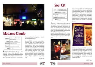 BERLINSIGHTS 135134 BERLINSIGHTS
Located in a former brothel, this bar is well-
known for its weird décor – specifically the up-
side-down apartment furniture attached to the
ceiling.The variety of objects suspended above
you is transfixing: look out for the innocuous pair
of trainers with laces hanging down, or the table
with playing cards stuck to it.
Openedin2008bythreeFrenchfriends,Madame
Claude has played host to hundreds of DJs and
bands. In 2011 ‘Marie Antoinette’ was launched.
Hosting a string of regular events: from concerts
to fashion shows, and even private parties for
people that have hired the venue out, the night
is highly popular. Entry is generally a chosen do-
nation of between 1€ and 6€. Funds collected
are used to pay the performers, who play down-
stairs in a soundproof basement.Choose to watch
them,or stay upstairs and enjoy a beer for around
2,50€, a soft drink for 2,30€ or a long drink for
4,50€.
Ally McLaren
MadameClaude
Everyday 19:00-LateHours
Lübbener Straße 19, 10997
Berlin-Kreuzberg
Schlesisches Tor U1
Price
Transport
www.madameclaude.de
Address
Website
€
Festooned in swathes of fairy lights, with seat-
ing that spills out onto the cobbled street, this
50s/60s soul bar feels faintly Parisian in its aes-
thetic – and somewhat indistinguishable from it’s
counterparts along Wernerstraße. Once you’re
inside,it’s a completely different territory though.
With its LP paved walls and cluttered
collection of assorted taxidermy, the finished
effect is endearingly unconventional, and oddly
redolent of a particularly tasteful collectors front
room.
SoulCat
Mon-Sat 19:00-LateHours
Reichenberger Straße,
10999 Berlin-Neukölln
Hermannplatz U7, U8
Price
Transport
soulcat-berlin.com
Address
Website
€
Staff are friendly, and the vibe is definitely one of
calm contentment. Enjoy a beer on tap (4-6€), or
smoke at one of the tall bistro style tables whilst
listening to a soundtrack that varies from classic
Motown hits from the likes of Stevie Wonder and
The Supremes, to the more dulcet tones of Bar-
bara Lynn and Eddie Holland. There’s live music
and a resident DJ on some nights too – although
the lack of dance floor gives this a questionable
purpose.
Whilst reasonably priced (6-7€ for board menu
cocktails, which include creamy White Russians
and Whiskey Sours with a delightfully zingy kick),
the extensive ‘Wine & Prosecco’ list is illustrative
of the predominantly older crowd. Not quite the
place for a wild night of partying, but certainly
an interesting glimpse into the life of the mature
Hipster after hours.
Isabella Taylor
 