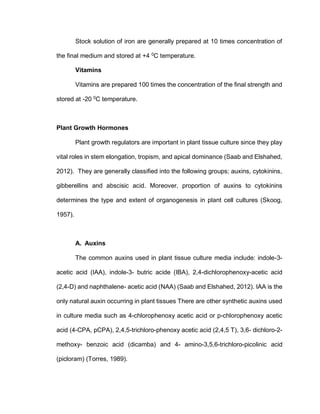 Stock solution of iron are generally prepared at 10 times concentration of
the final medium and stored at +4 0
C temperature.
Vitamins
Vitamins are prepared 100 times the concentration of the final strength and
stored at -20 0
C temperature.
Plant Growth Hormones
Plant growth regulators are important in plant tissue culture since they play
vital roles in stem elongation, tropism, and apical dominance (Saab and Elshahed,
2012). They are generally classified into the following groups; auxins, cytokinins,
gibberellins and abscisic acid. Moreover, proportion of auxins to cytokinins
determines the type and extent of organogenesis in plant cell cultures (Skoog,
1957).
A. Auxins
The common auxins used in plant tissue culture media include: indole-3-
acetic acid (IAA), indole-3- butric acide (IBA), 2,4-dichlorophenoxy-acetic acid
(2,4-D) and naphthalene- acetic acid (NAA) (Saab and Elshahed, 2012). IAA is the
only natural auxin occurring in plant tissues There are other synthetic auxins used
in culture media such as 4-chlorophenoxy acetic acid or p-chlorophenoxy acetic
acid (4-CPA, pCPA), 2,4,5-trichloro-phenoxy acetic acid (2,4,5 T), 3,6- dichloro-2-
methoxy- benzoic acid (dicamba) and 4- amino-3,5,6-trichloro-picolinic acid
(picloram) (Torres, 1989).
 