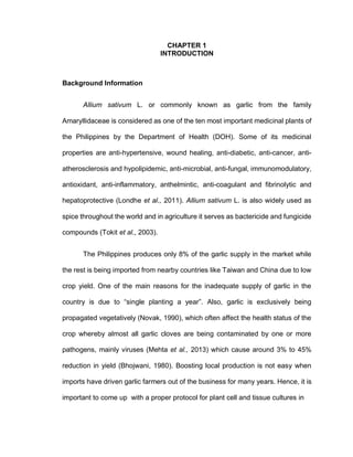 CHAPTER 1
INTRODUCTION
Background Information
Allium sativum L. or commonly known as garlic from the family
Amaryllidaceae is considered as one of the ten most important medicinal plants of
the Philippines by the Department of Health (DOH). Some of its medicinal
properties are anti-hypertensive, wound healing, anti-diabetic, anti-cancer, anti-
atherosclerosis and hypolipidemic, anti-microbial, anti-fungal, immunomodulatory,
antioxidant, anti-inflammatory, anthelmintic, anti-coagulant and fibrinolytic and
hepatoprotective (Londhe et al., 2011). Allium sativum L. is also widely used as
spice throughout the world and in agriculture it serves as bactericide and fungicide
compounds (Tokit et al., 2003).
The Philippines produces only 8% of the garlic supply in the market while
the rest is being imported from nearby countries like Taiwan and China due to low
crop yield. One of the main reasons for the inadequate supply of garlic in the
country is due to “single planting a year”. Also, garlic is exclusively being
propagated vegetatively (Novak, 1990), which often affect the health status of the
crop whereby almost all garlic cloves are being contaminated by one or more
pathogens, mainly viruses (Mehta et al., 2013) which cause around 3% to 45%
reduction in yield (Bhojwani, 1980). Boosting local production is not easy when
imports have driven garlic farmers out of the business for many years. Hence, it is
important to come up with a proper protocol for plant cell and tissue cultures in
 