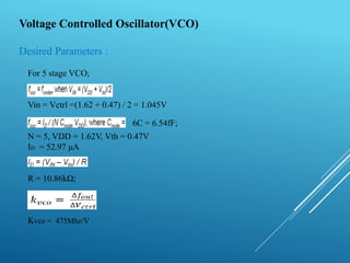 Voltage Controlled Oscillator(VCO)
Desired Parameters :
For 5 stage VCO;
Vin = Vctrl =(1.62 + 0.47) / 2 = 1.045V
N = 5, VDD = 1.62V, Vth = 0.47V
ID = 52.97 μA
R = 10.86kΩ;
Kvco = 475Mhz/V
6C = 6.54fF;
 