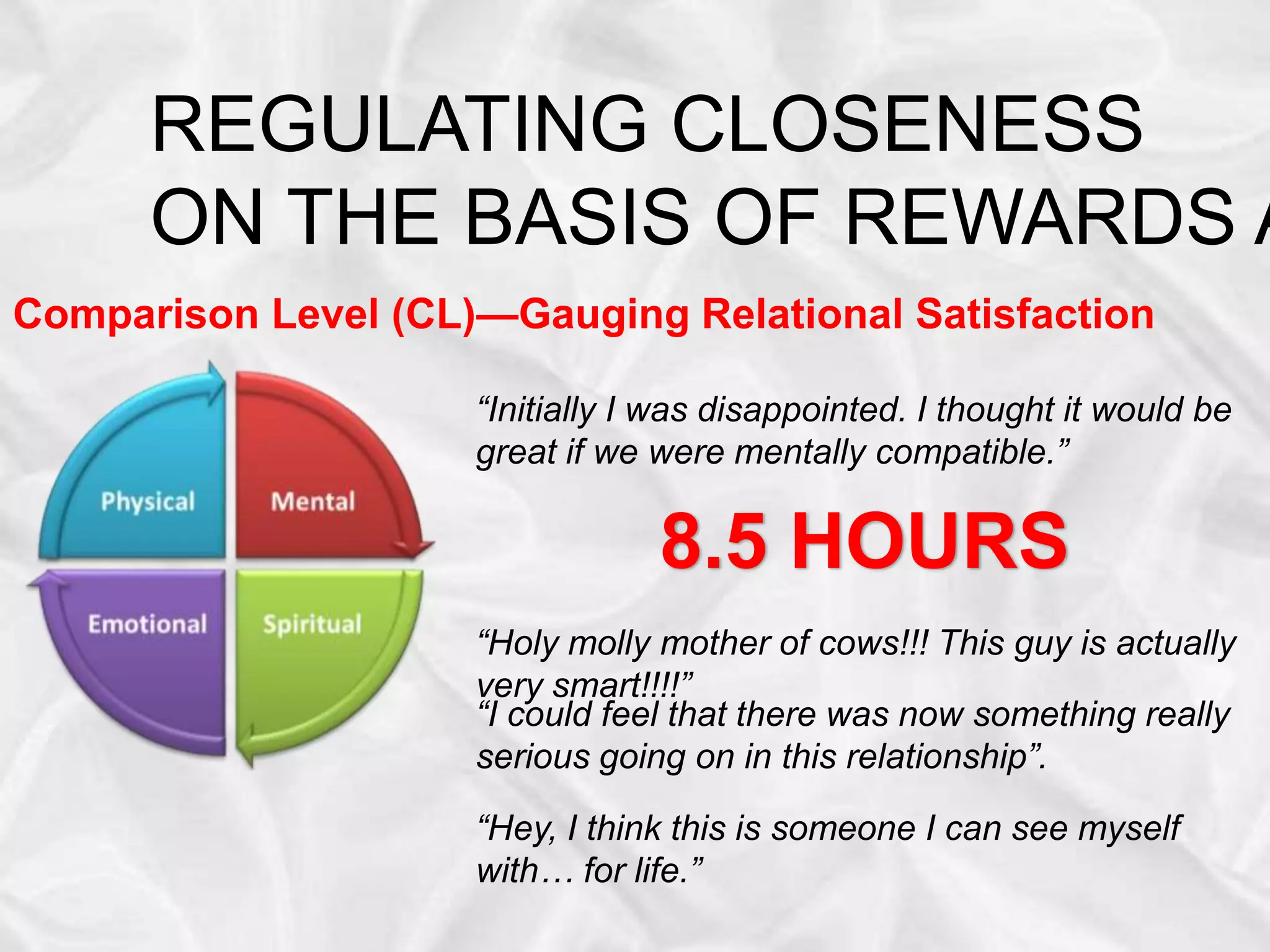 REGULATING CLOSENESS
ON THE BASIS OF REWARDS A
Comparison Level (CL)—Gauging Relational Satisfaction
“Initially I was disappointed. I thought it would be
great if we were mentally compatible.”
“Holy molly mother of cows!!! This guy is actually
very smart!!!!”
“I could feel that there was now something really
serious going on in this relationship”.
“Hey, I think this is someone I can see myself
with… for life.”
8.5 HOURS
 