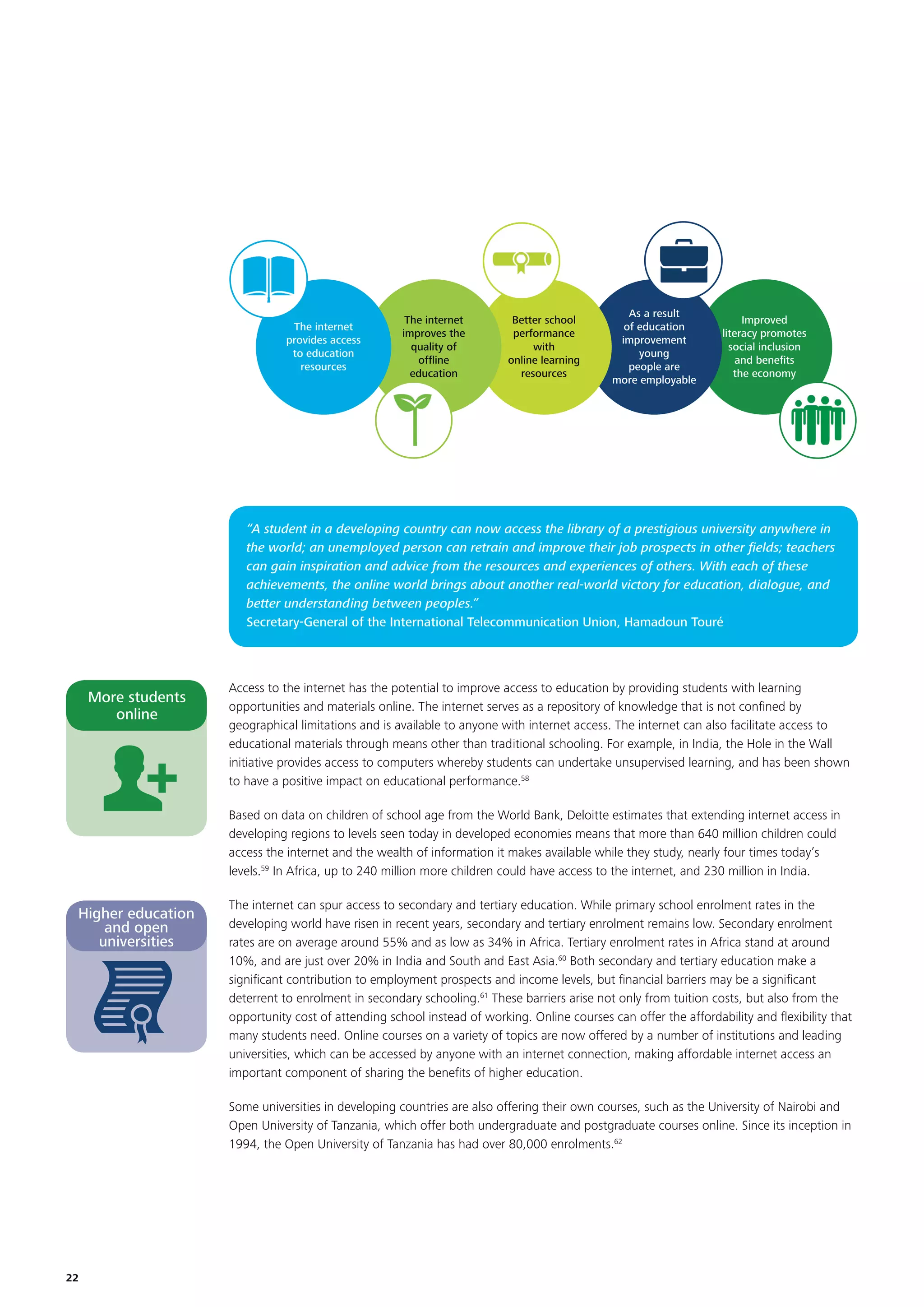 The internet
provides access
to education
resources

The internet
improves the
quality of
ofﬂine
education

Better school
performance
with
online learning
resources

As a result
of education
improvement
young
people are
more employable

Improved
literacy promotes
social inclusion
and beneﬁts
the economy

“A student in a developing country can now access the library of a prestigious university anywhere in
the world; an unemployed person can retrain and improve their job prospects in other ﬁelds; teachers
can gain inspiration and advice from the resources and experiences of others. With each of these
achievements, the online world brings about another real-world victory for education, dialogue, and
better understanding between peoples.”
Secretary-General of the International Telecommunication Union, Hamadoun Touré

More students
online

Access to the internet has the potential to improve access to education by providing students with learning
opportunities and materials online. The internet serves as a repository of knowledge that is not conﬁned by
geographical limitations and is available to anyone with internet access. The internet can also facilitate access to
educational materials through means other than traditional schooling. For example, in India, the Hole in the Wall
initiative provides access to computers whereby students can undertake unsupervised learning, and has been shown
to have a positive impact on educational performance.58
Based on data on children of school age from the World Bank, Deloitte estimates that extending internet access in
developing regions to levels seen today in developed economies means that more than 640 million children could
access the internet and the wealth of information it makes available while they study, nearly four times today’s
levels.59 In Africa, up to 240 million more children could have access to the internet, and 230 million in India.

Higher education
and open
universities

The internet can spur access to secondary and tertiary education. While primary school enrolment rates in the
developing world have risen in recent years, secondary and tertiary enrolment remains low. Secondary enrolment
rates are on average around 55% and as low as 34% in Africa. Tertiary enrolment rates in Africa stand at around
10%, and are just over 20% in India and South and East Asia.60 Both secondary and tertiary education make a
signiﬁcant contribution to employment prospects and income levels, but ﬁnancial barriers may be a signiﬁcant
deterrent to enrolment in secondary schooling.61 These barriers arise not only from tuition costs, but also from the
opportunity cost of attending school instead of working. Online courses can offer the affordability and ﬂexibility that
many students need. Online courses on a variety of topics are now offered by a number of institutions and leading
universities, which can be accessed by anyone with an internet connection, making affordable internet access an
important component of sharing the beneﬁts of higher education.
Some universities in developing countries are also offering their own courses, such as the University of Nairobi and
Open University of Tanzania, which offer both undergraduate and postgraduate courses online. Since its inception in
1994, the Open University of Tanzania has had over 80,000 enrolments.62

22

 