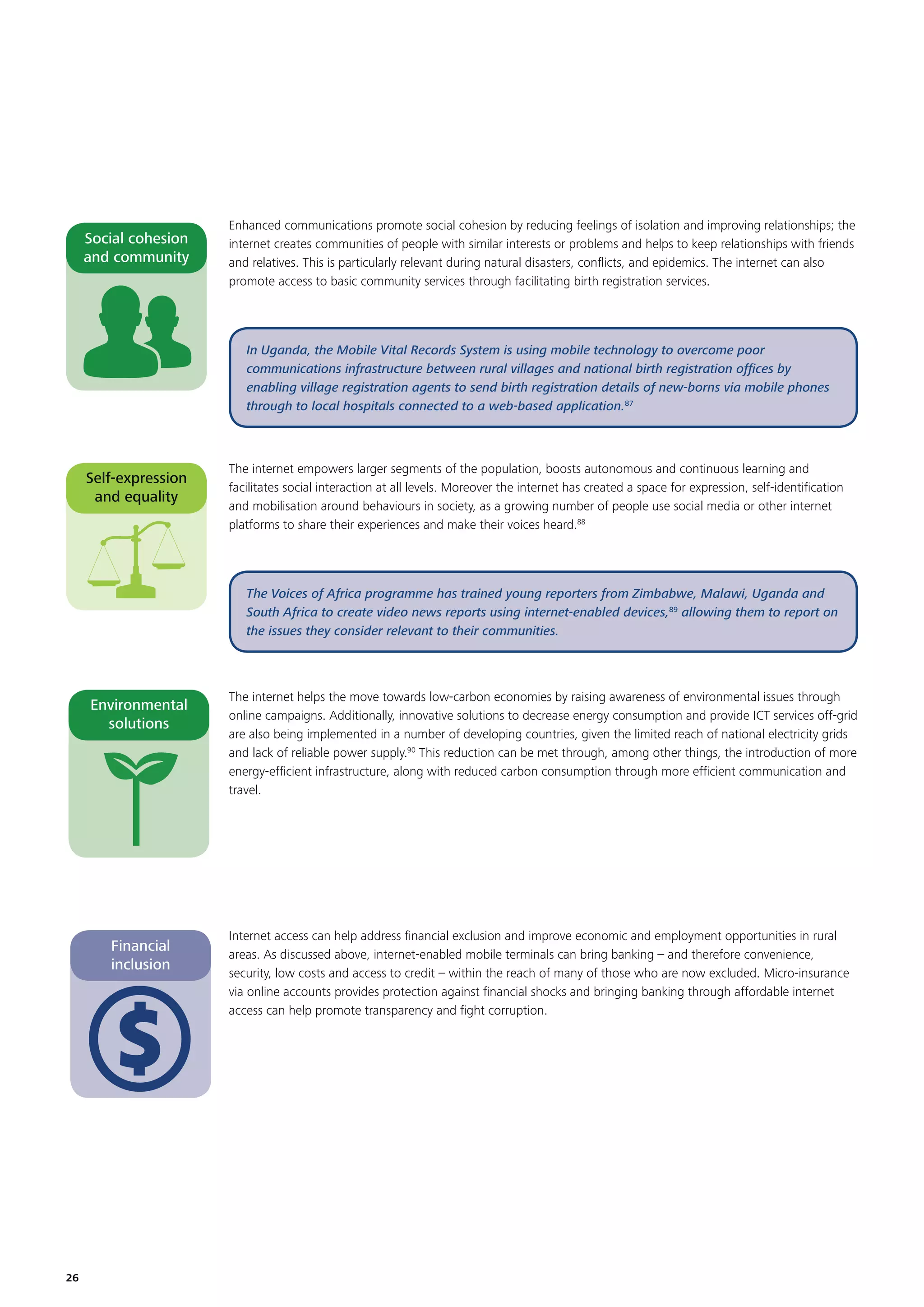 Social cohesion
and community

Enhanced communications promote social cohesion by reducing feelings of isolation and improving relationships; the
internet creates communities of people with similar interests or problems and helps to keep relationships with friends
and relatives. This is particularly relevant during natural disasters, conﬂicts, and epidemics. The internet can also
promote access to basic community services through facilitating birth registration services.

In Uganda, the Mobile Vital Records System is using mobile technology to overcome poor
communications infrastructure between rural villages and national birth registration ofﬁces by
enabling village registration agents to send birth registration details of new-borns via mobile phones
through to local hospitals connected to a web-based application.87

Self-expression
and equality

The internet empowers larger segments of the population, boosts autonomous and continuous learning and
facilitates social interaction at all levels. Moreover the internet has created a space for expression, self-identiﬁcation
and mobilisation around behaviours in society, as a growing number of people use social media or other internet
platforms to share their experiences and make their voices heard.88

The Voices of Africa programme has trained young reporters from Zimbabwe, Malawi, Uganda and
South Africa to create video news reports using internet-enabled devices,89 allowing them to report on
the issues they consider relevant to their communities.

Environmental
solutions

Financial
inclusion

$
26

The internet helps the move towards low-carbon economies by raising awareness of environmental issues through
online campaigns. Additionally, innovative solutions to decrease energy consumption and provide ICT services off-grid
are also being implemented in a number of developing countries, given the limited reach of national electricity grids
and lack of reliable power supply.90 This reduction can be met through, among other things, the introduction of more
energy-efﬁcient infrastructure, along with reduced carbon consumption through more efﬁcient communication and
travel.

Internet access can help address ﬁnancial exclusion and improve economic and employment opportunities in rural
areas. As discussed above, internet-enabled mobile terminals can bring banking – and therefore convenience,
security, low costs and access to credit – within the reach of many of those who are now excluded. Micro-insurance
via online accounts provides protection against ﬁnancial shocks and bringing banking through affordable internet
access can help promote transparency and ﬁght corruption.

 
