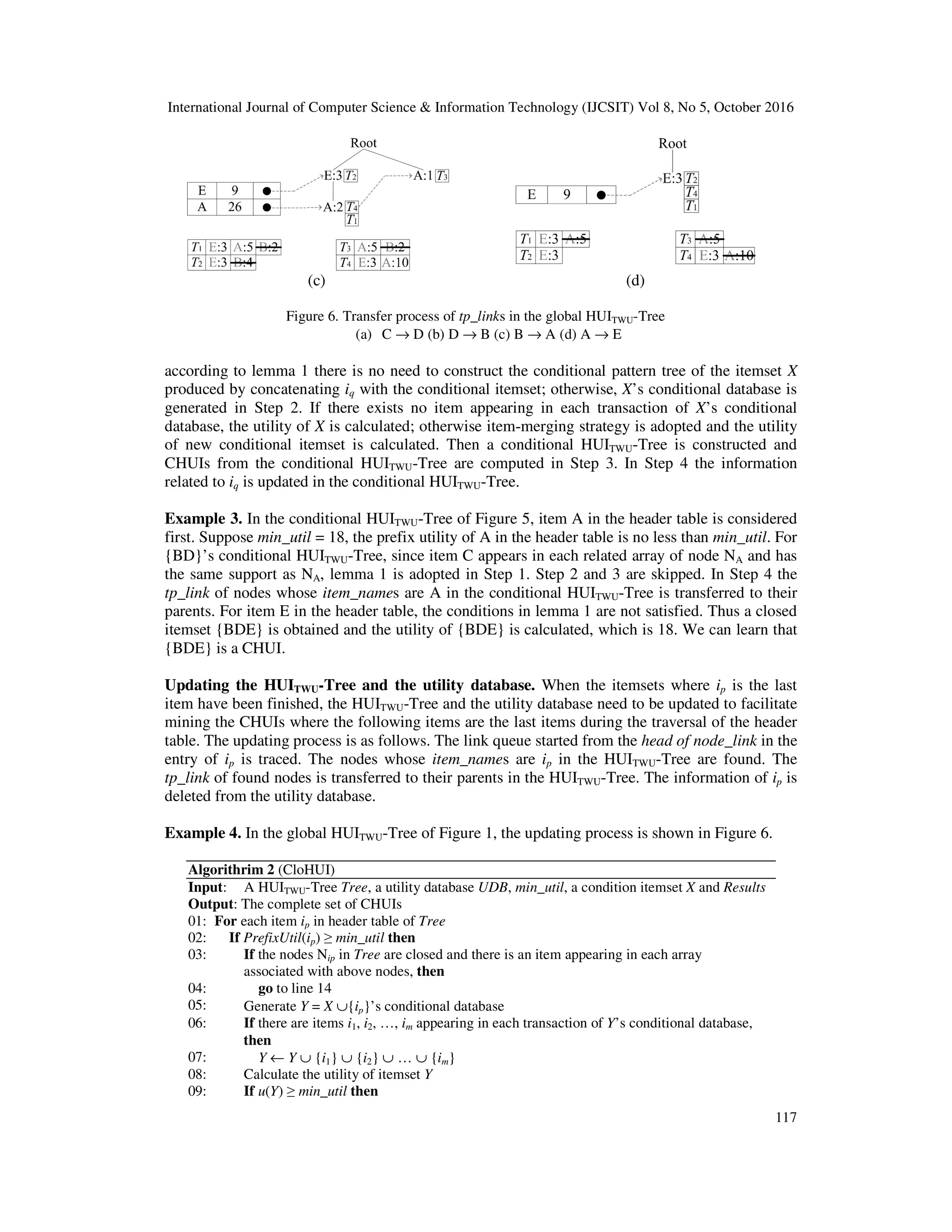 International Journal of Computer Science & Information Technology (IJCSIT) Vol 8, No 5, October 2016 117 (c) (d) Figure 6. Transfer process of tp_links in the global HUITWU-Tree (a) C → D (b) D → B (c) B → A (d) A → E according to lemma 1 there is no need to construct the conditional pattern tree of the itemset X produced by concatenating iq with the conditional itemset; otherwise, X’s conditional database is generated in Step 2. If there exists no item appearing in each transaction of X’s conditional database, the utility of X is calculated; otherwise item-merging strategy is adopted and the utility of new conditional itemset is calculated. Then a conditional HUITWU-Tree is constructed and CHUIs from the conditional HUITWU-Tree are computed in Step 3. In Step 4 the information related to iq is updated in the conditional HUITWU-Tree. Example 3. In the conditional HUITWU-Tree of Figure 5, item A in the header table is considered first. Suppose min_util = 18, the prefix utility of A in the header table is no less than min_util. For {BD}’s conditional HUITWU-Tree, since item C appears in each related array of node NA and has the same support as NA, lemma 1 is adopted in Step 1. Step 2 and 3 are skipped. In Step 4 the tp_link of nodes whose item_names are A in the conditional HUITWU-Tree is transferred to their parents. For item E in the header table, the conditions in lemma 1 are not satisfied. Thus a closed itemset {BDE} is obtained and the utility of {BDE} is calculated, which is 18. We can learn that {BDE} is a CHUI. Updating the HUITWU-Tree and the utility database. When the itemsets where ip is the last item have been finished, the HUITWU-Tree and the utility database need to be updated to facilitate mining the CHUIs where the following items are the last items during the traversal of the header table. The updating process is as follows. The link queue started from the head of node_link in the entry of ip is traced. The nodes whose item_names are ip in the HUITWU-Tree are found. The tp_link of found nodes is transferred to their parents in the HUITWU-Tree. The information of ip is deleted from the utility database. Example 4. In the global HUITWU-Tree of Figure 1, the updating process is shown in Figure 6. Algorithrim 2 (CloHUI) Input: A HUITWU-Tree Tree, a utility database UDB, min_util, a condition itemset X and Results Output: The complete set of CHUIs 01: For each item ip in header table of Tree 02: If PrefixUtil(ip) ≥ min_util then 03: If the nodes Nip in Tree are closed and there is an item appearing in each array associated with above nodes, then 04: go to line 14 05: Generate Y = X ∪{ip}’s conditional database 06: If there are items i1, i2, …, im appearing in each transaction of Y’s conditional database, then 07: Y ← Y ∪ {i1} ∪ {i2} ∪ … ∪ {im} 08: Calculate the utility of itemset Y 09: If u(Y) ≥ min_util then 