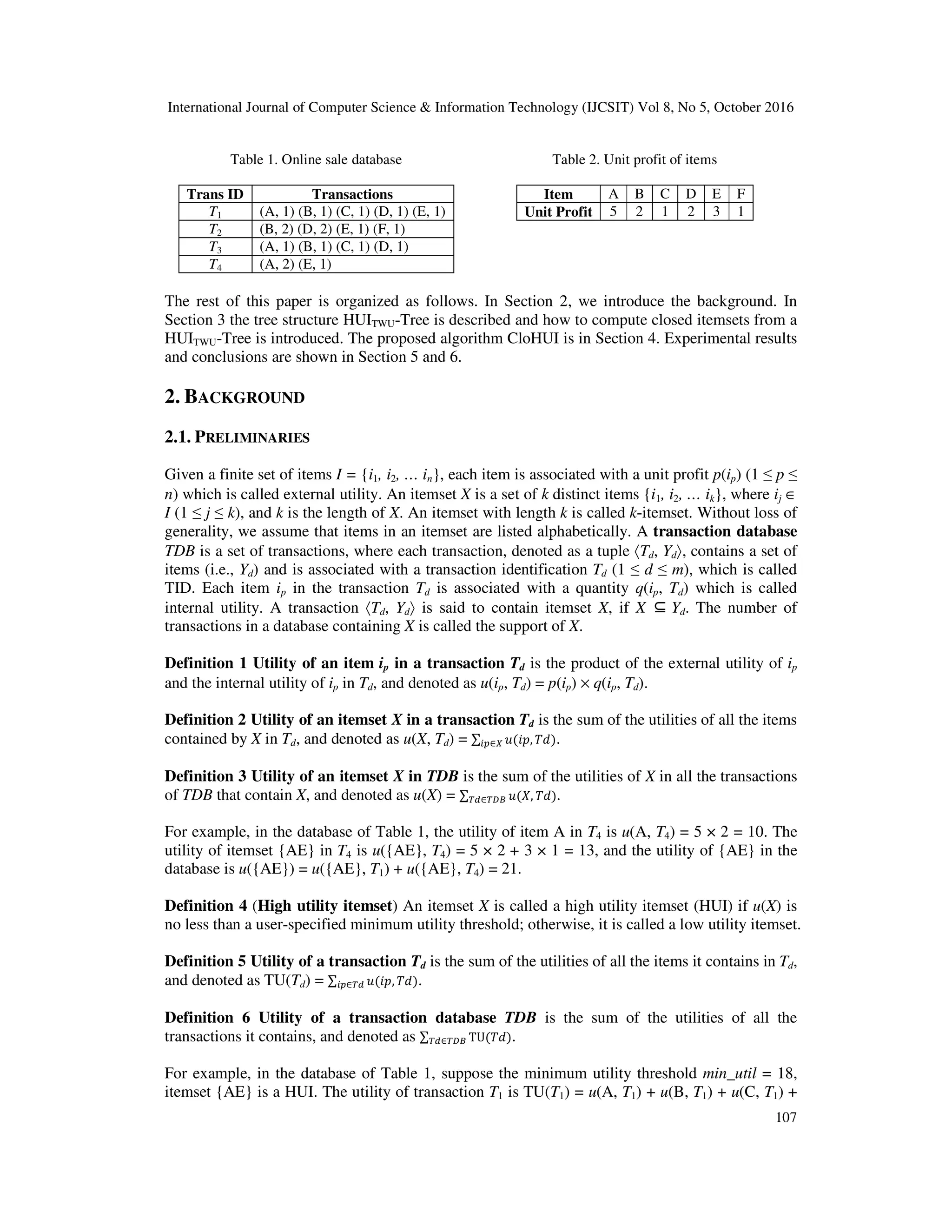 International Journal of Computer Science & Information Technology (IJCSIT) Vol 8, No 5, October 2016 107 Table 1. Online sale database Trans ID Transactions T1 (A, 1) (B, 1) (C, 1) (D, 1) (E, 1) T2 (B, 2) (D, 2) (E, 1) (F, 1) T3 (A, 1) (B, 1) (C, 1) (D, 1) T4 (A, 2) (E, 1) Table 2. Unit profit of items Item A B C D E F Unit Profit 5 2 1 2 3 1 The rest of this paper is organized as follows. In Section 2, we introduce the background. In Section 3 the tree structure HUITWU-Tree is described and how to compute closed itemsets from a HUITWU-Tree is introduced. The proposed algorithm CloHUI is in Section 4. Experimental results and conclusions are shown in Section 5 and 6. 2. BACKGROUND 2.1. PRELIMINARIES Given a finite set of items I = {i1, i2, … in}, each item is associated with a unit profit p(ip) (1 ≤ p ≤ n) which is called external utility. An itemset X is a set of k distinct items {i1, i2, … ik}, where ij ∈ I (1 ≤ j ≤ k), and k is the length of X. An itemset with length k is called k-itemset. Without loss of generality, we assume that items in an itemset are listed alphabetically. A transaction database TDB is a set of transactions, where each transaction, denoted as a tuple 〈Td, Yd〉, contains a set of items (i.e., Yd) and is associated with a transaction identification Td (1 ≤ d ≤ m), which is called TID. Each item ip in the transaction Td is associated with a quantity q(ip, Td) which is called internal utility. A transaction 〈Td, Yd〉 is said to contain itemset X, if X ⊆Yd. The number of transactions in a database containing X is called the support of X. Definition 1 Utility of an item ip in a transaction Td is the product of the external utility of ip and the internal utility of ip in Td, and denoted as u(ip, Td) = p(ip) × q(ip, Td). Definition 2 Utility of an itemset X in a transaction Td is the sum of the utilities of all the items contained by X in Td, and denoted as u(X, Td) = ∑ ( , )∈ . Definition 3 Utility of an itemset X in TDB is the sum of the utilities of X in all the transactions of TDB that contain X, and denoted as u(X) = ∑ ( , )∈ . For example, in the database of Table 1, the utility of item A in T4 is u(A, T4) = 5 × 2 = 10. The utility of itemset {AE} in T4 is u({AE}, T4) = 5 × 2 + 3 × 1 = 13, and the utility of {AE} in the database is u({AE}) = u({AE}, T1) + u({AE}, T4) = 21. Definition 4 (High utility itemset) An itemset X is called a high utility itemset (HUI) if u(X) is no less than a user-specified minimum utility threshold; otherwise, it is called a low utility itemset. Definition 5 Utility of a transaction Td is the sum of the utilities of all the items it contains in Td, and denoted as TU(Td) = ∑ ( , )∈ . Definition 6 Utility of a transaction database TDB is the sum of the utilities of all the transactions it contains, and denoted as ∑ TU( )∈ . For example, in the database of Table 1, suppose the minimum utility threshold min_util = 18, itemset {AE} is a HUI. The utility of transaction T1 is TU(T1) = u(A, T1) + u(B, T1) + u(C, T1) + 
