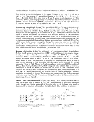 International Journal of Computer Science & Information Technology (IJCSIT) Vol 8, No 5, October 2016
116
from the head of node_link in the entry of C is traced. Two paths E → A → B → D → C and A
→ B → D → C are retrieved. {C}’s conditional database is {[(A, 1) (B, 1) (C, 1) (D, 1) (E, 1)],
[(A, 1) (B, 1) (C, 1) (D, 1)]}. Since item A, B and D appear in each transaction of {C}’s
conditional database, item merging strategy is adopted and the conditional itemset is adjusted to
{ABCD}. The first closed itemset {ABCD} is obtained and the utility of {ABCD} in the database
is calculated, which is 20. Then we can learn that {ABCD} is a CHUI.
Constructing a conditional HUITWU-Tree. A conditional HUITWU-Tree can be constructed by
two scans of a conditional database. For {ip}’s conditional database, the TWU of items in the
conditional database is calculated during the first scan. The items whose TWUs are less than
min_util and the ones appearing in each transaction of {ip}’s conditional database are collected
into a set which is denoted as S. The remaining items are sorted according to TWU descending
order, and the item order is denoted as R′. During the second scan of the conditional database, the
items in S are removed from the transactions. The remaining items are sorted according to R′. The
revised transactions in the {ip}’s conditional database are inserted into a conditional HUITWU-Tree
which has the similar structure with a global HUITWU-Tree except that 1) the root of conditional
HUITWU-Tree is labelled as the conditional itemset, and 2) for an item iq in the header table, the
utilities of the condition itemset in all the transactions where the condition itemset and iq co-exist
need to be accumulated into the prefix utility of iq in the header table.
Example 2. In the global HUITWU-Tree of Figure 1, {D}’s conditional database is shown in Table
5. Since item B appears in each transaction of {D}’s conditional database, item-merging strategy
is adopted and the conditional itemset is adjusted to {BD}. The TWU of items in {BD}’s
conditional database is calculated during the first scan and the results are {(E: 24), (A: 23)}. The
number beside each item is its TWU. The root of {BD}’s conditional HUITWU-Tree is created,
and is labeled as {BD}. The header table is initialized with the items whose TWUs are no less
than min_util according to TWU descending order. During the second scan, the first revised
transaction {E, A} in Table 5 forms the first branch adhered to the root of {BD}’s conditional
HUITWU-Tree. The tp_link of the node NA which corresponds to the last item of {E, A} is set to T1.
The utilities of item E and A in T1 are stored in the first record of {BD}’s conditional utility
database. The sum of the prefix utility of E in T1 and the utility of the condition itemset {BD} in
T1 is 3 + 4 = 7, which is accumulated into the prefix utility of E in the header table. The same
calculation is conducted for item A. The second revised transaction and the third one are dealt
with in the same way. The {BD}’s conditional HUITWU-Tree and the {BD}’s conditional utility
database are shown in Figure 5.
Mining CHUIs from a conditional HUITWU-Tree. Mining CHUIs from a conditional HUITWU-
Tree has the same steps as a global HUITWU-Tree. The header table is traversed in bottom-up
order. For each item iq in the header table, if the prefix utility of iq in the header table is no less
than min_util, the conditions in lemma 1 are checked in Step 1. If the conditions are satisfied,
(a) (b)
 