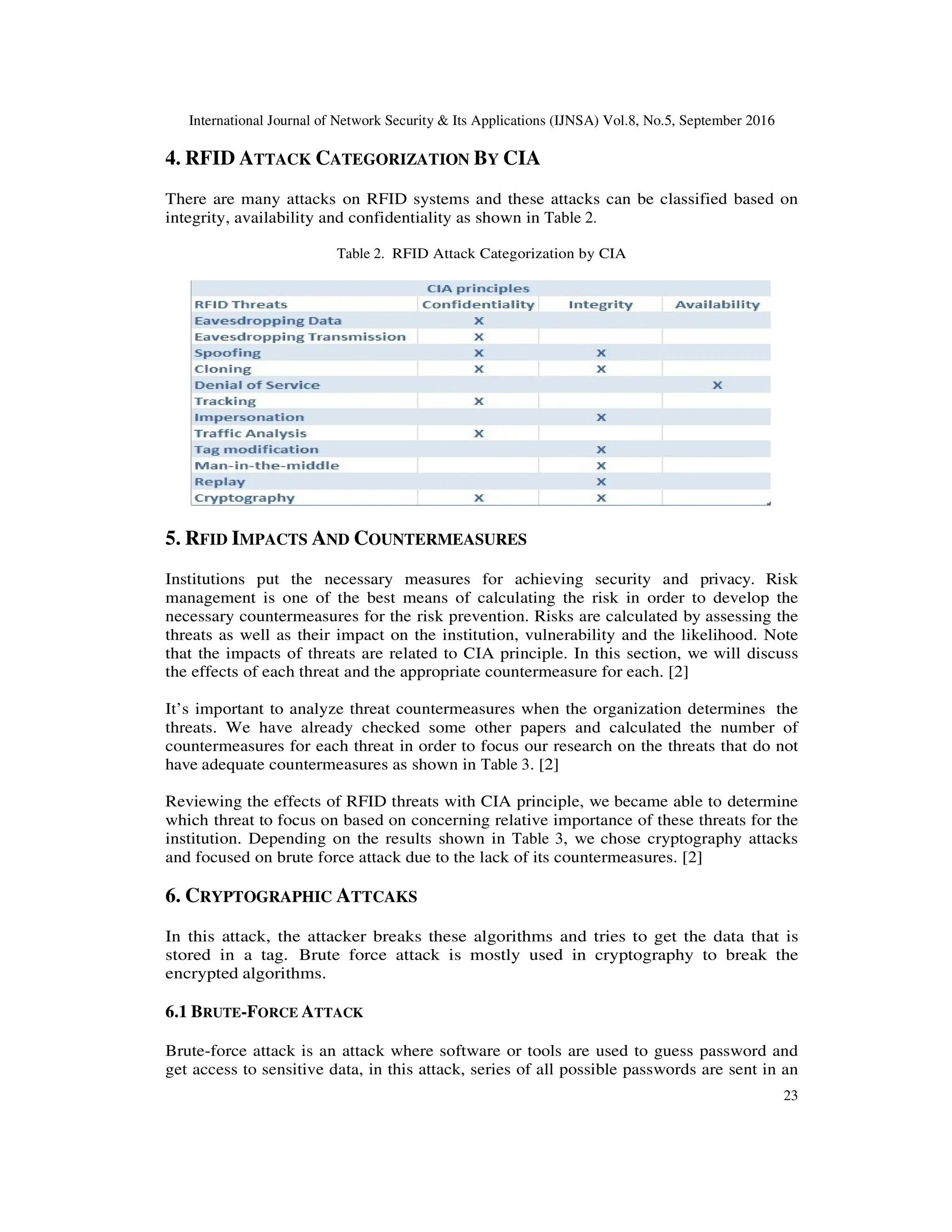 International Journal of Network Security & Its Applications (IJNSA) Vol.8, No.5, September 2016
23
4. RFID ATTACK CATEGORIZATION BY CIA
There are many attacks on RFID systems and these attacks can be classified based on
integrity, availability and confidentiality as shown in Table 2.
Table 2. RFID Attack Categorization by CIA
5. RFID IMPACTS AND COUNTERMEASURES
Institutions put the necessary measures for achieving security and privacy. Risk
management is one of the best means of calculating the risk in order to develop the
necessary countermeasures for the risk prevention. Risks are calculated by assessing the
threats as well as their impact on the institution, vulnerability and the likelihood. Note
that the impacts of threats are related to CIA principle. In this section, we will discuss
the effects of each threat and the appropriate countermeasure for each. [2]
It’s important to analyze threat countermeasures when the organization determines the
threats. We have already checked some other papers and calculated the number of
countermeasures for each threat in order to focus our research on the threats that do not
have adequate countermeasures as shown in Table 3. [2]
Reviewing the effects of RFID threats with CIA principle, we became able to determine
which threat to focus on based on concerning relative importance of these threats for the
institution. Depending on the results shown in Table 3, we chose cryptography attacks
and focused on brute force attack due to the lack of its countermeasures. [2]
6. CRYPTOGRAPHIC ATTCAKS
In this attack, the attacker breaks these algorithms and tries to get the data that is
stored in a tag. Brute force attack is mostly used in cryptography to break the
encrypted algorithms.
6.1 BRUTE-FORCE ATTACK
Brute-force attack is an attack where software or tools are used to guess password and
get access to sensitive data, in this attack, series of all possible passwords are sent in an
 