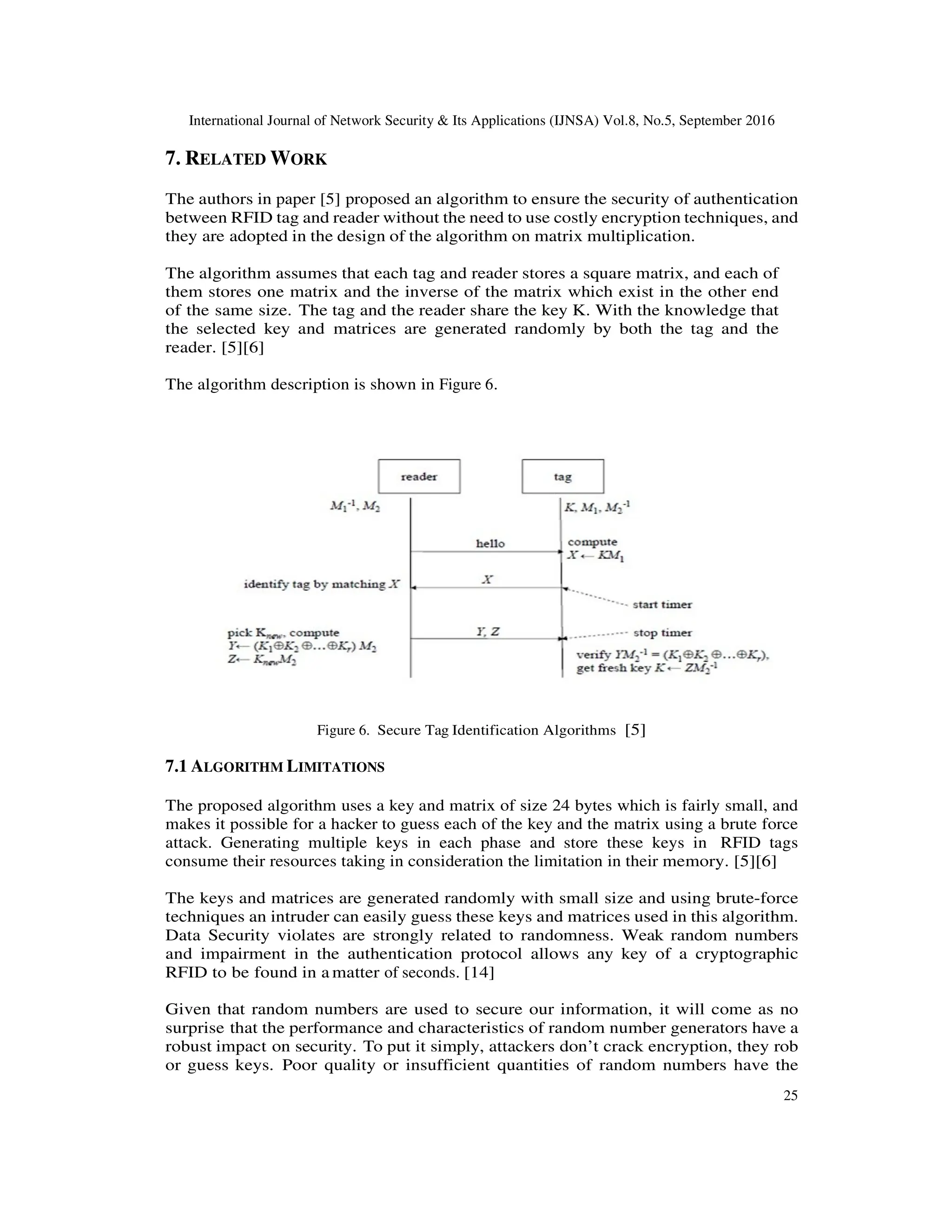International Journal of Network Security & Its Applications (IJNSA) Vol.8, No.5, September 2016
25
7. RELATED WORK
The authors in paper [5] proposed an algorithm to ensure the security of authentication
between RFID tag and reader without the need to use costly encryption techniques, and
they are adopted in the design of the algorithm on matrix multiplication.
The algorithm assumes that each tag and reader stores a square matrix, and each of
them stores one matrix and the inverse of the matrix which exist in the other end
of the same size. The tag and the reader share the key K. With the knowledge that
the selected key and matrices are generated randomly by both the tag and the
reader. [5][6]
The algorithm description is shown in Figure 6.
Figure 6. Secure Tag Identification Algorithms [5]
7.1 ALGORITHM LIMITATIONS
The proposed algorithm uses a key and matrix of size 24 bytes which is fairly small, and
makes it possible for a hacker to guess each of the key and the matrix using a brute force
attack. Generating multiple keys in each phase and store these keys in RFID tags
consume their resources taking in consideration the limitation in their memory. [5][6]
The keys and matrices are generated randomly with small size and using brute-force
techniques an intruder can easily guess these keys and matrices used in this algorithm.
Data Security violates are strongly related to randomness. Weak random numbers
and impairment in the authentication protocol allows any key of a cryptographic
RFID to be found in a matter of seconds. [14]
Given that random numbers are used to secure our information, it will come as no
surprise that the performance and characteristics of random number generators have a
robust impact on security. To put it simply, attackers don’t crack encryption, they rob
or guess keys. Poor quality or insufficient quantities of random numbers have the
 