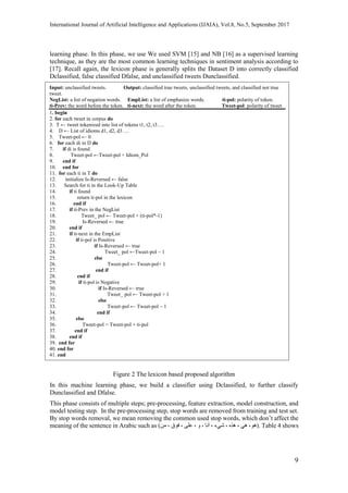 International Journal of Artificial Intelligence and Applications (IJAIA), Vol.8, No.5, September 2017
9
learning phase. In this phase, we use We used SVM [15] and NB [16] as a supervised learning
technique, as they are the most common learning techniques in sentiment analysis according to
[17]. Recall again, the lexicon phase is generally splits the Dataset D into correctly classified
Dclassified, false classified Dfalse, and unclassified tweets Dunclassified.
Figure 2 The lexicon based proposed algorithm
In this machine learning phase, we build a classifier using Dclassified, to further classify
Dunclassified and Dfalse.
This phase consists of multiple steps; pre-processing, feature extraction, model construction, and
model testing step. In the pre-processing step, stop words are removed from training and test set.
By stop words removal, we mean removing the common used stop words, which don’t affect the
meaning of the sentence in Arabic such as ‫هو‬)‫من‬ ، ‫فوق‬ ، ‫على‬ ، ‫و‬ ، ‫أنا‬ ، ‫شيء‬ ، ‫هذه‬ ، ‫هي‬ ، ). Table 4 shows
Input: unclassified tweets. Output: classified true tweets, unclassified tweets, and classified not true
tweet.
NegList: a list of negation words. EmpList: a list of emphasize words. ti-pol: polarity of token.
ti-Prev: the word before the token. ti-next: the word after the token. Tweet-pol: polarity of tweet.
1. begin
2. for each tweet in corpus do
3. T ← tweet tokenized into list of tokens t1, t2, t3….
4. D ← List of idioms d1, d2, d3….
5. Tweet-pol ← 0
6. for each di in D do
7. if di is found
8. Tweet-pol ←Tweet-pol + Idiom_Pol
9. end if
10. end for
11. for each ti in T do
12. initialize Is-Reversed ← false
13. Search for ti in the Look-Up Table
14. if ti found
15. return ti-pol in the lexicon
16. end if
17. if ti-Prev in the NegList
18. Tweet_ pol ← Tweet-pol + (ti-pol*-1)
19. Is-Reversed ← true
20. end if
21. if ti-next in the EmpList
22. if ti-pol is Positive
23. if Is-Reversed ← true
24. Tweet_ pol ←Tweet-pol – 1
25. else
26. Tweet-pol ← Tweet-pol+ 1
27. end if
28. end if
29. if ti-pol is Negative
30. if Is-Reversed ← true
31. Tweet_ pol ← Tweet-pol + 1
32. else
33. Tweet-pol ← Tweet-pol – 1
34. end if
35. else
36. Tweet-pol = Tweet-pol + ti-pol
37. end if
38. end if
39. end for
40. end for
41. end
 