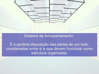 Sistema de Armazenamento: 
É a perfeita disposição das partes de um todo, 
coordenadas entre si e que devem funcionar como 
estrutura organizada. 
 