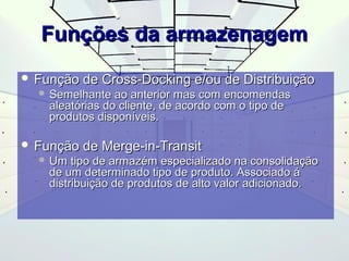 FFuunnççõõeess ddaa aarrmmaazzeennaaggeemm 
 FFuunnççããoo ddee CCrroossss--DDoocckkiinngg ee//oouu ddee DDiissttrriibbuuiiççããoo 
 SSeemmeellhhaannttee aaoo aanntteerriioorr mmaass ccoomm eennccoommeennddaass 
aalleeaattóórriiaass ddoo cclliieennttee, ddee aaccoorrddoo ccoomm oo ttiippoo ddee 
pprroodduuttooss ddiissppoonníívveeiiss.. 
 FFuunnççããoo ddee MMeerrggee--iinn--TTrraannssiitt 
 UUmm ttiippoo ddee aarrmmaazzéémm eessppeecciiaalliizzaaddoo nnaa ccoonnssoolliiddaaççããoo 
ddee uumm ddeetteerrmmiinnaaddoo ttiippoo ddee pprroodduuttoo.. AAssssoocciiaaddoo áá 
ddiissttrriibbuuiiççããoo ddee pprroodduuttooss ddee aallttoo vvaalloorr aaddiicciioonnaaddoo.. 
 