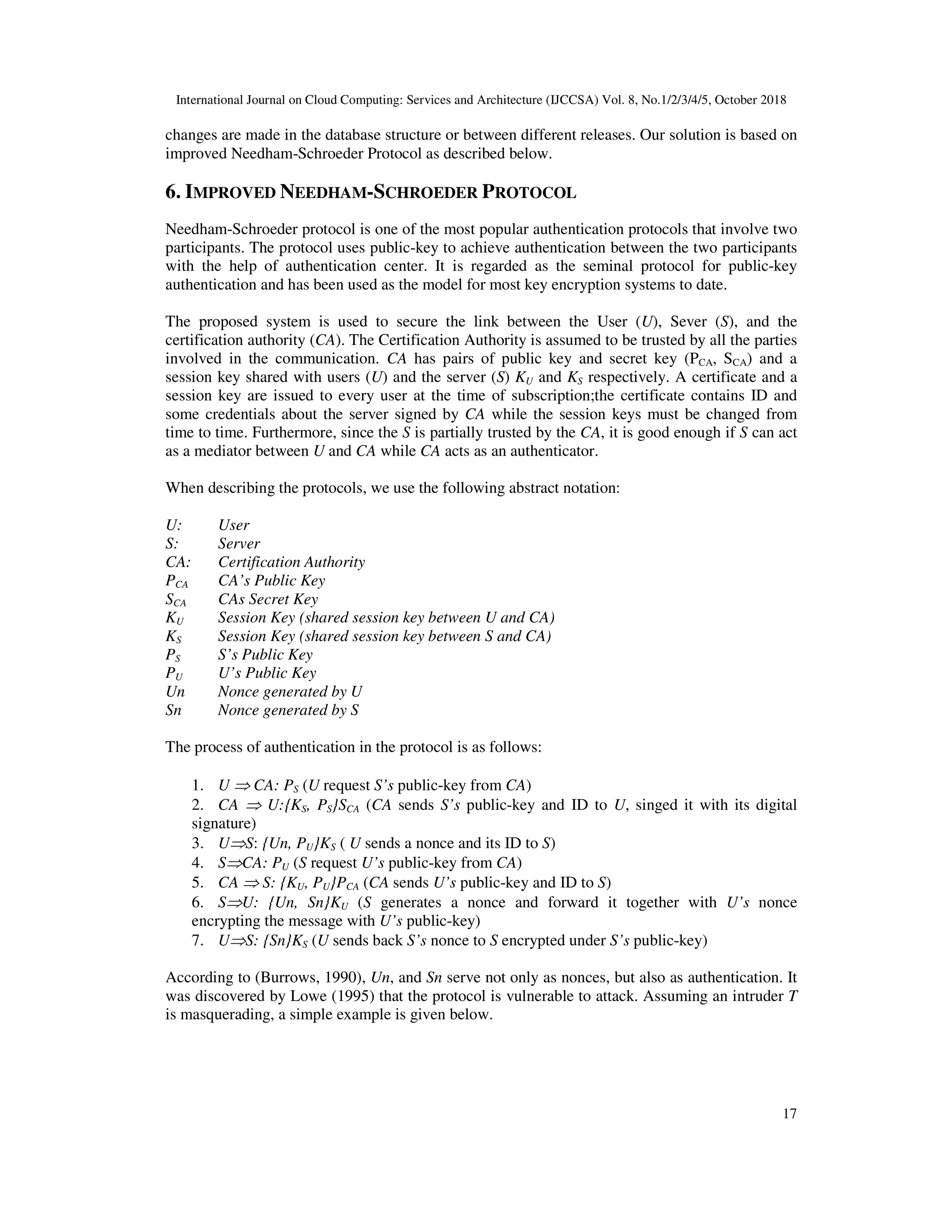 International Journal on Cloud Computing: Services and Architecture (IJCCSA) Vol. 8, No.1/2/3/4/5, October 2018 17 changes are made in the database structure or between different releases. Our solution is based on improved Needham-Schroeder Protocol as described below. 6. IMPROVED NEEDHAM-SCHROEDER PROTOCOL Needham-Schroeder protocol is one of the most popular authentication protocols that involve two participants. The protocol uses public-key to achieve authentication between the two participants with the help of authentication center. It is regarded as the seminal protocol for public-key authentication and has been used as the model for most key encryption systems to date. The proposed system is used to secure the link between the User (U), Sever (S), and the certification authority (CA). The Certification Authority is assumed to be trusted by all the parties involved in the communication. CA has pairs of public key and secret key (PCA, SCA) and a session key shared with users (U) and the server (S) KU and KS respectively. A certificate and a session key are issued to every user at the time of subscription;the certificate contains ID and some credentials about the server signed by CA while the session keys must be changed from time to time. Furthermore, since the S is partially trusted by the CA, it is good enough if S can act as a mediator between U and CA while CA acts as an authenticator. When describing the protocols, we use the following abstract notation: U: User S: Server CA: Certification Authority PCA CA’s Public Key SCA CAs Secret Key KU Session Key (shared session key between U and CA) KS Session Key (shared session key between S and CA) PS S’s Public Key PU U’s Public Key Un Nonce generated by U Sn Nonce generated by S The process of authentication in the protocol is as follows: 1. U ⇒ CA: PS (U request S’s public-key from CA) 2. CA ⇒ U:{KS, PS}SCA (CA sends S’s public-key and ID to U, singed it with its digital signature) 3. U⇒S: {Un, PU}KS ( U sends a nonce and its ID to S) 4. S⇒CA: PU (S request U’s public-key from CA) 5. CA ⇒ S: {KU, PU}PCA (CA sends U’s public-key and ID to S) 6. S⇒U: {Un, Sn}KU (S generates a nonce and forward it together with U’s nonce encrypting the message with U’s public-key) 7. U⇒S: {Sn}KS (U sends back S’s nonce to S encrypted under S’s public-key) According to (Burrows, 1990), Un, and Sn serve not only as nonces, but also as authentication. It was discovered by Lowe (1995) that the protocol is vulnerable to attack. Assuming an intruder T is masquerading, a simple example is given below. 