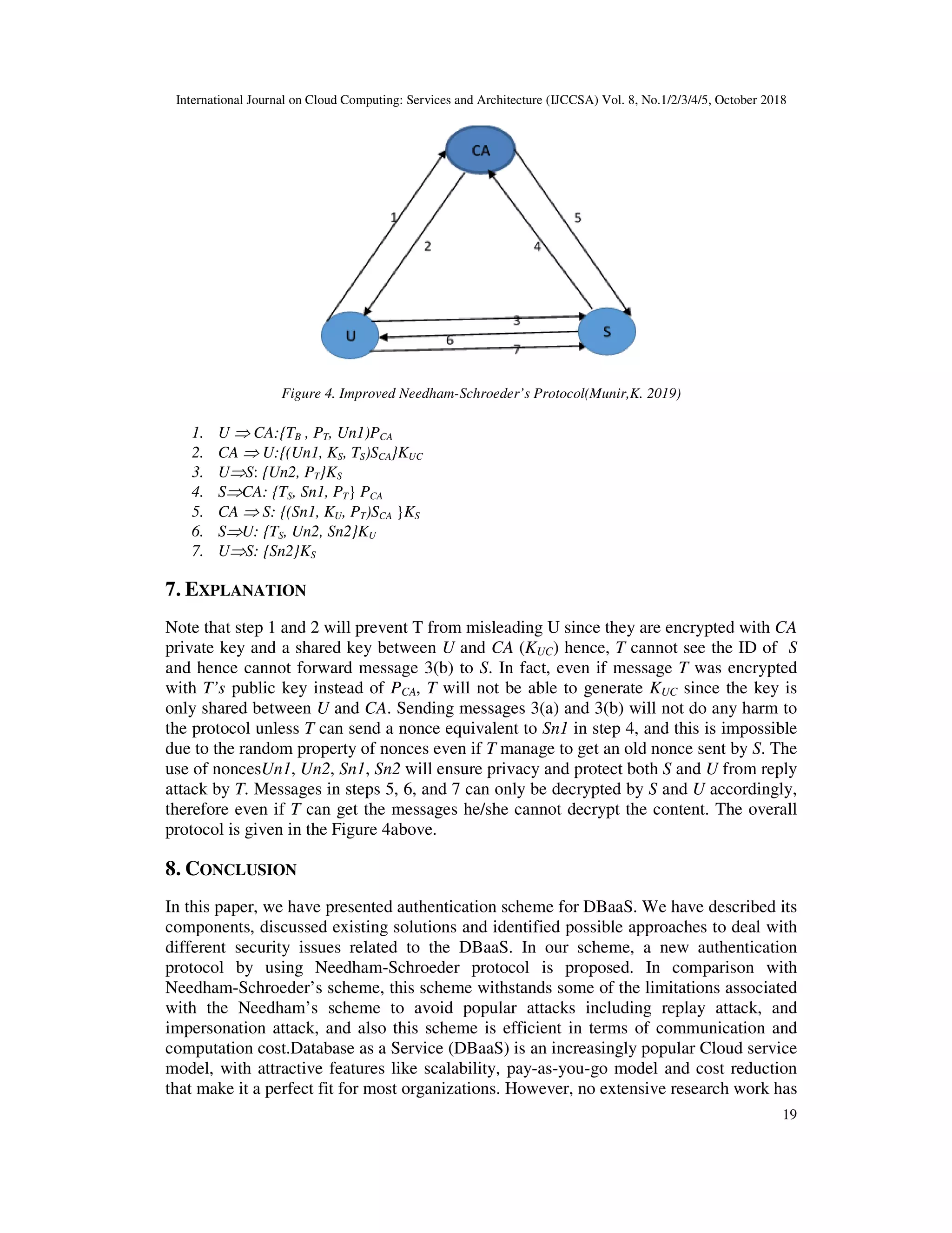 International Journal on Cloud Computing: Services and Architecture (IJCCSA) Vol. 8, No.1/2/3/4/5, October 2018 19 Figure 4. Improved Needham-Schroeder’s Protocol(Munir,K. 2019) 1. U ⇒ CA:{TB , PT, Un1)PCA 2. CA ⇒ U:{(Un1, KS, TS)SCA}KUC 3. U⇒S: {Un2, PT}KS 4. S⇒CA: {TS, Sn1, PT} PCA 5. CA ⇒ S: {(Sn1, KU, PT)SCA }KS 6. S⇒U: {TS, Un2, Sn2}KU 7. U⇒S: {Sn2}KS 7. EXPLANATION Note that step 1 and 2 will prevent T from misleading U since they are encrypted with CA private key and a shared key between U and CA (KUC) hence, T cannot see the ID of S and hence cannot forward message 3(b) to S. In fact, even if message T was encrypted with T’s public key instead of PCA, T will not be able to generate KUC since the key is only shared between U and CA. Sending messages 3(a) and 3(b) will not do any harm to the protocol unless T can send a nonce equivalent to Sn1 in step 4, and this is impossible due to the random property of nonces even if T manage to get an old nonce sent by S. The use of noncesUn1, Un2, Sn1, Sn2 will ensure privacy and protect both S and U from reply attack by T. Messages in steps 5, 6, and 7 can only be decrypted by S and U accordingly, therefore even if T can get the messages he/she cannot decrypt the content. The overall protocol is given in the Figure 4above. 8. CONCLUSION In this paper, we have presented authentication scheme for DBaaS. We have described its components, discussed existing solutions and identified possible approaches to deal with different security issues related to the DBaaS. In our scheme, a new authentication protocol by using Needham-Schroeder protocol is proposed. In comparison with Needham-Schroeder’s scheme, this scheme withstands some of the limitations associated with the Needham’s scheme to avoid popular attacks including replay attack, and impersonation attack, and also this scheme is efficient in terms of communication and computation cost.Database as a Service (DBaaS) is an increasingly popular Cloud service model, with attractive features like scalability, pay-as-you-go model and cost reduction that make it a perfect fit for most organizations. However, no extensive research work has 