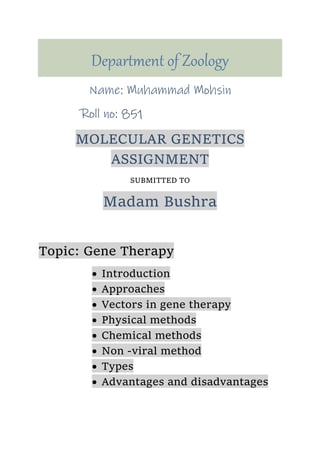 Department of Zoology
Name: Muhammad Mohsin
Roll no: 851
MOLECULAR GENETICS
ASSIGNMENT
SUBMITTED TO
Madam Bushra
Topic: Gene Therapy
 Introduction
 Approaches
 Vectors in gene therapy
 Physical methods
 Chemical methods
 Non -viral method
 Types
 Advantages and disadvantages
 
