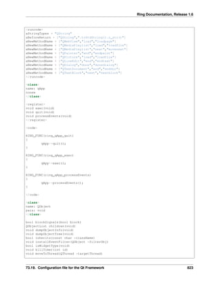 Ring Documentation, Release 1.6
<runcode>
aStringTypes + "QString"
aBeforeReturn + ["QString",".toStdString().c_str()"]
aNewMethodName + ["QWebView","load","loadpage"]
aNewMethodName + ["QMediaPlaylist","load","loadfile"]
aNewMethodName + ["QMediaPlaylist","next","movenext"]
aNewMethodName + ["QPainter","end","endpaint"]
aNewMethodName + ["QPicture","load","loadfile"]
aNewMethodName + ["QLineEdit","end","endtext"]
aNewMethodName + ["QDialog","done","donedialog"]
aNewMethodName + ["QTextDocument","end","enddoc"]
aNewMethodName + ["QTextBlock","next","nextblock"]
</runcode>
<class>
name: qApp
nonew
</class>
<register>
void exec(void)
void quit(void)
void processEvents(void)
</register>
<code>
RING_FUNC(ring_qApp_quit)
{
qApp->quit();
}
RING_FUNC(ring_qApp_exec)
{
qApp->exec();
}
RING_FUNC(ring_qApp_processEvents)
{
qApp->processEvents();
}
</code>
<class>
name: QObject
para: void
</class>
bool blockSignals(bool block)
QObjectList children(void)
void dumpObjectInfo(void)
void dumpObjectTree(void)
bool inherits(const char *className)
void installEventFilter(QObject *filterObj)
bool isWidgetType(void)
void killTimer(int id)
void moveToThread(QThread *targetThread)
73.19. Conﬁguration ﬁle for the Qt Framework 823
 