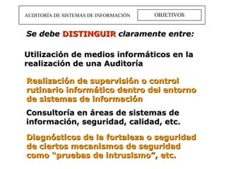OBJETIVOS AUDITORÍA DE SISTEMAS DE INFORMACIÓN Se debe   DISTINGUIR   claramente entre: Utilización de medios informáticos en la realización de una Auditoría Realización de supervisión o control rutinario informático dentro del entorno de sistemas de información Consultoría en áreas de sistemas de información, seguridad, calidad, etc. Diagnósticos de la fortaleza o seguridad de ciertos mecanismos de seguridad como “pruebas de intrusismo”, etc. 