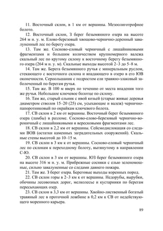 89
11. Восточный склон, в 1 км от вершины. Мезоолиготрофное
болото.
12. Восточный склон, З берег безымянного озера на высоте
264 м н. у. м. Елово-березовый хвощово-чернично-деренный зава-
луненный лес по берегу озера.
13. Там же. Сосново-еловый черничный с лишайниковыми
фрагментами и большим количеством крупномерного валежа
скальный лес по крутому склону к восточному берегу безымянно-
го озера (264 м н. у. м). Скальные выходы высотой 2–3 до 5–8 м.
14. Там же. Берега безымянного ручья с минеральным руслом,
стекающего с восточного склона и впадающего в озеро в его ЮВ
оконечности. Сероольшаник с подростом ели травяно-злаковый за-
болоченный по берегам ручья.
15. Там же. В 100 м вверх по течению от места впадения того
же ручья. Небольшое ключевое болотце по склону.
16. Там же, старый ельник с ивой козьей (старые живые деревья
диаметром стволов 15–20 (25) см, усыхающие и валеж) чернично-
папоротниковый по окрайкам ключевого болота.
17. СВ склон в 2 км от вершины. Восточный берег безымянного
озера (ламбы) в разломе. Сосново-елово-березовый чернично-во-
роничный с лишайниковыми и вересковыми фрагментами лес.
18. СВ склон в 2,2 км от вершины. Сейсмодислокация со следа-
ми ВОВ (остатки каменных заградительных сооружений). Скаль-
ные стены высотой до 10–15 м.
19. СВ склон в 3 км к от вершины. Сосново-еловый черничный
лес по склонам к переходному болоту, вытянутому в направлении
С-Ю.
20. СВ склон в 3 км от вершины. ЮЗ берег безымянного озера
на высоте 316 м н. у. м. Прибрежные сосняки с елью зеленомош-
ные, сильно завалуненные со следами давнего пожара.
21. Там же. З берег озера. Береговые выходы коренных пород.
22. СВ склон горы в 2–3 км к от вершины. Недорубы, вырубки,
обочины лесовозных дорог, мелколесье и кустарники по берегам
пересыхающих озер.
23. СВ склон в 3,3 км от вершины. Хвойно-лиственный богатый
травяный лес в проточной ложбине в 0,2 км к СВ от недействую-
щего моренного карьера.
Copyright ОАО «ЦКБ «БИБКОМ» & ООО «Aгентство Kнига-Cервис»
 
