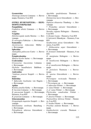 113
Geometridae
Ematurga atomaria Linnaeus – г. Вотто-
ваара; Пенинга, 8 км ЮЗ
ОТРЯД HYMENOPTERA – ПЕРЕ-
ПОНЧАТОКРЫЛЫЕ
Pamphilidae
Cephalcia abietis Linnaeus – г. Вотто-
ваара
Vespidae
Dolichovespula media Retzius – г. Вот-
товаара
D. norwegica Fabricius – г. Воттоваара
Eumenidae
Ancistrocerus trifasciatus Müller –
г. Воттоваара
Sphecidae
Ammophila pubescens Curtis – г. Вотто-
ваара
Pemphredonidae
Mimesa bicolor Jurine – г. Воттоваара
Crabronidae
Crossocerus leucostoma Linnaeus –
г. Воттоваара
Oxybelus mandibularis Dahlbom –
г. Воттоваара
Andrenidae
?Andrena praecox Scopoli – г. Вотто-
ваара
Halictidae
? Sphecodes hyalinatus von Hagens –
г. Воттоваара
Apidae
Bombus jonellus Kirby – г. Воттоваара
B. lucorum Linnaeus – г. Воттоваара
B. pascuorum Scopoli – г. Воттоваара;
Пенинга, 8 км ЮЗ
B. pratorum Linnaeus – г. Воттоваара
Ichneumonidae
Gregopimpla inquisitor Scopoli – г. Вот-
товаара
Dolichomitus terebrans Ratzeburg –
г. Воттоваара
Polysphincta tuberosa Gravenhorst –
г. Воттоваара
Apechthis quadridentata Thomson –
г. Воттоваара
Delomerista laevis Gravenhorst – г. Вот-
товаара
Diplazon tibiatorius Thunberg – г. Вот-
товаара
? Promethes sulcator Gravenhorst –
г. Воттоваара
Sussaba cognata Holmgren – Пенинга,
8 км ЮЗ
S. flavipes Lucas – Пенинга, 8 км ЮЗ
S. lativentris Manukyan – Пенинга, 8 км
ЮЗ
Syrphoctonus pictus Gravenhorst – Пе-
нинга, 8 км ЮЗ
* Orthocentrus asper Gravenhorst –
г. Воттоваара
O. frontator Zetterstedt – Пенинга, 8 км
ЮЗ
O. marginatus Holmgren – г. Вотто-
ваара
O. monilicornis Holmgren – г. Вотто-
ваара
O. cf. monilicornis Holmgren – г. Вотто-
ваара
O. petiolaris Thomson – г. Вотто-
ваара
O. spurius Gravenhorst – г. Вотто-
ваара
Picrostigeus recticauda Thomson –
г. Воттоваара
* Picrostigeus sp. – г. Воттоваара
A. infuscatus Förster – г. Воттоваара
A. vanus Förster – г. Воттоваара
A. cf. vanus Förster – г. Воттоваара
Plectiscidea canaliculata Förster –
г. Воттоваара
P. deterior Förster – г. Воттоваара
Pantisarthrus lubricus Förster – Пенин-
га, 8 км ЮЗ
P. luridus Förster – г. Воттоваара
Proclitus ardentis Rossem – г. Вотто-
ваара
Gnathochorisis crassula Thomson –
г. Воттоваара
Copyright ОАО «ЦКБ «БИБКОМ» & ООО «Aгентство Kнига-Cервис»
 