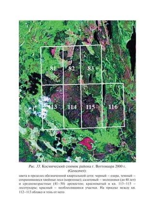 Ðèñ. 33. Êîñìè÷åñêèé ñíèìîê ðàéîíà ã. Âîòòîâààðà 2000 ã.
(Geocover):
öâåòà â ïðåäåëàõ îáîçíà÷åííîé êâàðòàëüíîé ñåòè: ÷åðíûé – îçåðà, òåìíûé –
ñîõðàíèâøèåñÿ õâîéíûå ëåñà (êîðåííûå); ñàëàòîâûé – ìîëîäíÿêè (äî 40 ëåò)
è ñðåäíåâîçðàñòíûå (41–50) äðåâîñòîè; êðàñíîâàòûé â êâ. 113–115 –
ëåñîòóíäðû; êðàñíûé – íåîáëåñèâøèåñÿ ó÷àñòêè. Íà ïðîñåêå ìåæäó êâ.
112–113 îáëàêî è òåíü îò íåãî
Copyright ОАО «ЦКБ «БИБКОМ» & ООО «Aгентство Kнига-Cервис»
 