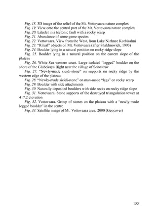 155
Fig. 18. 3D image of the relief of the Mt. Vottovaara nature complex
Fig. 19. View onto the central part of the Mt. Vottovaara nature complex
Fig. 20. Lakelet in a tectonic fault with a rocky scarp
Fig. 21. Abundance of some game species
Fig. 22. Vottovaara. View from the West, from Lake Nizhnee Korbisalmi
Fig. 23. “Ritual” objects on Mt. Vottovaara (after Shakhnovich, 1993)
Fig. 24. Boulder lying in a natural position on rocky ridge slope
Fig. 25. Boulder lying in a natural position on the eastern slope of the
plateau
Fig. 26. White Sea western coast. Large isolated “legged” boulder on the
shore of the Glubokaya Bight near the village of Sonostrov
Fig. 27. “Newly-made sieidi-stone” on supports on rocky ridge by the
western edge of the plateau
Fig. 28. “Newly-made sieidi-stone” on man-made “legs” on rocky scarp
Fig. 29. Boulder with side attachments
Fig. 30. Naturally deposited boulders with side rocks on rocky ridge slope
Fig. 31. Vottovaara. Stone supports of the destroyed triangulation tower at
417.2 elevation
Fig. 32. Vottovaara. Group of stones on the plateau with a “newly-made
legged boulder” in the centre
Fig. 33. Satellite image of Mt. Vottovaara area, 2000 (Geocover)
Copyright ОАО «ЦКБ «БИБКОМ» & ООО «Aгентство Kнига-Cервис»
 