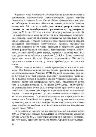52
Вершину горы покрывает лесотундровая растительность с
небольшими вкраплениями, напоминающими горную тундру
(отметки в среднем более 400 м). Почва примитивная, по сути,
это обширные скальные обнажения, почти лишенные рыхлых
отложений. Абсолютно преобладают сильно разреженные со-
сновые и сосново-березовые растительные группировки
(участок № 1, рис. 12, здесь и далее номера участков по табл. 8).
По микроразломам скал встречается ель. Характерно искривле-
ние стволов, наличие обильного количества сухостойных и фа-
утных деревьев. Нередко появление многовершинности стволов
вследствие вымерзания верхушечных побегов. Воздействие
сильных порывов ветра часто приводит к ветролому. Деревья
имеют флагообразный тип кроны. Напочвенный покров мозаич-
ный, но явно преобладают вереск, черника и зеленые мхи. Вы-
сота деревьев колеблется в пределах 2,5–3,5 м. Запас стволовой
древесины менее 10 м3
/га. Подрост единичный – 270 шт./га,
представлен елью и сильно угнетен. Крайне редко встречается
осина.
Обилие вереска связано с неоднократными пожарами в про-
шлом. Они были отмечены еще в середине прошлого века фински-
ми исследователями (Piirainen, 1994). По всей видимости, они бы-
ли беглыми и неустойчивыми, поскольку подавляющая часть со-
сен с толстой корой и поднятой кроной успешно выживала. В на-
стоящее время вся центральная часть горы представляет собой
гарь на площади порядка 100 га (пожар 2006 г., рис. 13). Огнем бы-
ла уничтожена или очень сильно повреждена практически вся рас-
тительность, включая самые крупные сосны и живой напочвенный
покров. На многих участках до скального основания выгорела да-
же лесная подстилка. Отдельные выжившие, но поврежденные ог-
нем сосны в ближайшие годы усохнут. Если судить по предельно-
му возрасту сосен до этого пожара, то для восстановления древес-
ного компонента сообществ до исходного состояния потребуется
период около 300 лет.
В разломах на верхней части возвышенности (отметки около
400 м) отмечены еловые редколесья на примитивных скальных
почвах (участок № 2). Напочвенный покров в основном представ-
лен черникой, вереском, зелеными мхами. Средняя высота деревь-
Copyright ОАО «ЦКБ «БИБКОМ» & ООО «Aгентство Kнига-Cервис»
 