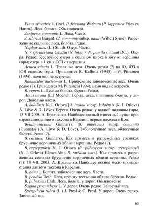 63
Pinus sylvestris L. (incl. P. friesiana Wichura (P. lapponica Fries ex
Hartm.). Леса, болота. Обыкновенно.
Juniperus communis L. Леса. Часто.
J. sibirica Burgsd. (J. communis subsp. nana (Willd.) Syme). Разре-
женные скальные леса, болота. Редко.
Nuphar lutea (L.) Smith. Озера. Часто.
N. × spenneriana Gaudin (N. lutea × N. pumila (Timm) DC.). Озе-
ра. Редко: бессточное озеро в скальном цирке к югу от вершины
горы; озеро в 1 км к ССЗ от вершины.
Actaea spicata L. Травяные леса. Очень редко (?) по Ю, ЮЗ и
ЮВ склонам горы. Приводится R. Kalliola (1943) и M. Piirainen
(1994); нами вид не встречен.
Ranunculus auricomus L. Прибрежные заболоченные леса. Очень
редко (?). Приводится M. Piirainen (1994); нами вид не встречен.
R. repens L. Лесные болота, берега. Редко.
Alnus incana (L.) Moench. Берега, леса, низинные болота, у до-
рог. Довольно часто.
A. kolaёnsis N. I. Orlova [A. incana subsp. kolaёnsis (N. I. Orlova)
Á. Löve & D. Löve). Берега. Очень редко: у южной подошвы горы,
15 VII 2008, А. Кравченко. Наиболее южный известный пункт про-
израстания данного таксона в Карелии; первая находка в Kon.
Betula concinna Gunnarss. (B. pubescens subsp. concinna
(Gunnarss.) Á. Löve & D. Löve). Заболоченные леса, облесенные
болота. Редко (?).
B. coriacea Gunnarss. Как примесь в разреженных сосняках
бруснично-вороничных вблизи вершины. Редко (?).
B. czerepanovii N. I. Orlova (B. pubescens subsp. czerepanovii
(N. I. Orlova) Hämet-Ahti, B. tortuosa auct.). Как примесь в разре-
женных сосняках бруснично-вороничных вблизи вершины. Редко
(?): 18 VIII 2003, А. Кравченко. Наиболее южное место произра-
стания данного таксона в Карелии.
B. nana L. Болота, заболоченные леса. Часто.
B. pendula Roth. Леса, преимущественно вблизи берегов. Редко.
B. pubescens Ehrh. Леса, болота, у дорог. Обыкновенно.
Sagina procumbens L. У дорог. Очень редко. Заносный вид.
Spergularia rubra (L.) J. Presl & C. Presl. У дорог. Очень редко.
Заносный вид.
Copyright ОАО «ЦКБ «БИБКОМ» & ООО «Aгентство Kнига-Cервис»
 