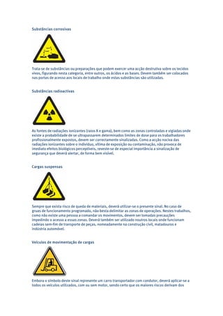 Substâncias corrosivas 
Trata-se de substâncias ou preparações que podem exercer uma acção destrutiva sobre os tecidos 
vivos, figurando nesta categoria, entre outros, os ácidos e as bases. Devem também ser colocados 
nas portas de acesso aos locais de trabalho onde estas substâncias são utilizadas. 
Substâncias radioactivas 
As fontes de radiações ionizantes (raios X e gama), bem como as zonas controladas e vigiadas onde 
existe a probabilidade de se ultrapassarem determinados limites de dose para os trabalhadores 
profissionalmente expostos, devem ser correctamente sinalizadas. Como a acção nociva das 
radiações ionizantes sobre o indivíduo, vítima de exposição ou contaminação, não provoca de 
imediato efeitos biológicos perceptíveis, reveste-se de especial importância a sinalização de 
segurança que deverá alertar, de forma bem visível. 
Cargas suspensas 
Sempre que exista risco de queda de materiais, deverá utilizar-se o presente sinal. No caso de 
gruas de funcionamento programado, não besta delimitar as zonas de operações. Nestes trabalhos, 
como não existe uma pessoa a comandar os movimentos, devem ser tomadas precauções 
impedindo o acesso a essas zonas. Deverá também ser utilizado noutros locais onde funcionam 
cadeias sem-fim de transporte de peças, nomeadamente na construção civil, matadouros e 
indústria automóvel. 
Veículos de movimentação de cargas 
Embora o símbolo deste sinal represente um carro transportador com condutor, deverá aplicar-se a 
todos os veículos utilizados, com ou sem motor, sendo certo que os maiores riscos derivam dos 
 