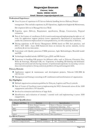 Nagarajan Gnanam
Chennai, India.
Mobile: 098402 84475
Email: Gnanam.nagarajan@gmail.com
Page 1 of 4
Professional Experience:
Over 16 years of experience in IT Service Industry handling Service Delivery/Project
management. This includes experience in, IT Operations, Application Support & Maintenance,
Development delivery in Managed Services Mode
Expertise spans Delivery, Requirement specification, Design, Construction, Proposal
estimation.
Part of the Centres of excellences (CoEs) team in analysing and implementing the right set of
tools for application support projects across organization. Specialized in assessment and
enable the continuous improvement of team productivity, on-time and quality of delivery.
Having experience in IT Service Management (ITSM) based on ITIL best practices, and
HCL's ALT ASM – Lean ASM framework focus on increase the service maturity, service
excellence & service innovation.
Conversant with Quality processes/CMMi processes, Agile Methodologies, Waterfall model
and ITIL
Technologies handled include ASP.NET, Java, J2EE and MS Access.
Experience in handling GIS projects for different utility such as Telecom, Electricity, Gas,
Water & Sewerage, Municipal GIS, etc. Experience in handling 2D drawing and Schematic
drawing conversion and also having extensive of professional experience in executing various
data conversion projects. Strong analytical, problem solving and managerial skills.
Primary Domain:
Application support & maintenance and development projects, Telecom OSS/BSS &
AM/FM/GIS.
Management and Strategy consulting on IT enablement and transformation of organization.
Key Highlights:
Defined organization estimation guideline for Telecom, Logistics and Travel verticals.
Part of Center of Excellence team in implementing the HCL’s framework across all the ASM
engagements and achieve 30% benefits.
Involved in estimation and solution of large deals.
Identification and evaluation of internal / external tools and implementing it across ASM
engagements.
Educational Qualifications:
Degree and Date Institute Specialization
MBA IT Sikkim Manipal University,
Gangtok, Sikkim
Master of Business Administration
Information Technology - 2Yrs
BBA Madras University, Chennai Bachelor Business Administration - 3Yrs
DME Murugappa Polytechnic,
Chennai
Diploma Mechanical Engineering (Sandwich)
- 3.5Yrs
S.S.L.C General Cariappa HSS, Chennai Basic Qualification
Certificate Courses:
Course Name & Date Institute % Specialization
ORACLE 9i SQL(1Z0-007) ORACLE Certification 90% Introduction to Oracle 9i
 