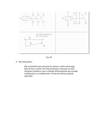 Fig. 04
6. Relé Bimetálico
São construídos para proteção de motores contra sobrecarga,
falta de fase e tensão. Seu funcionamento é baseado em dois
elementos metálicos, que se dilatam diferentemente provocando
modificações no comprimento e forma das lâminas quando
aquecidas.
 
